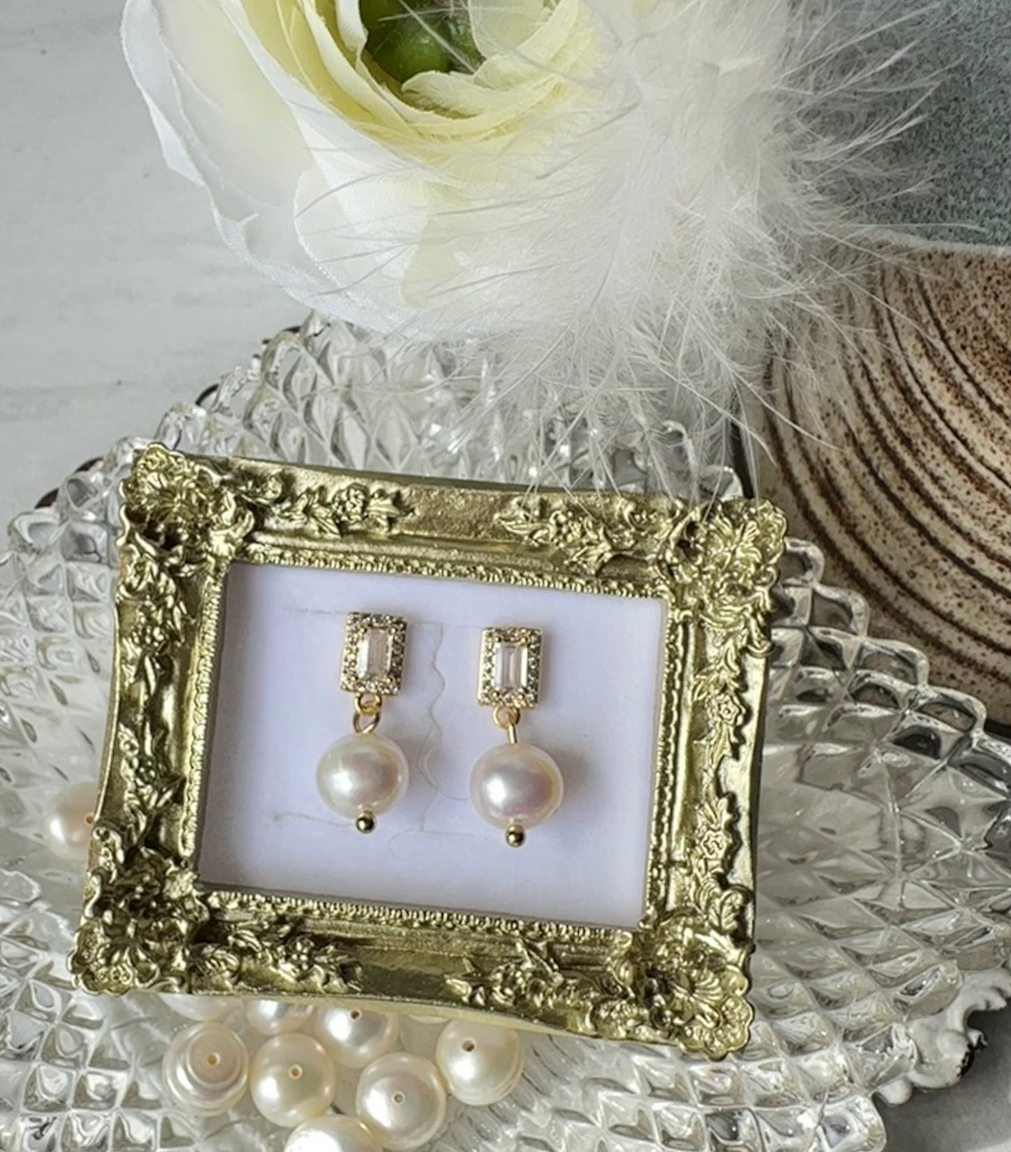 “Lorraine” 85 Real Gold Plated Brass Zircon Freshwater Pearl Dangle Earrings