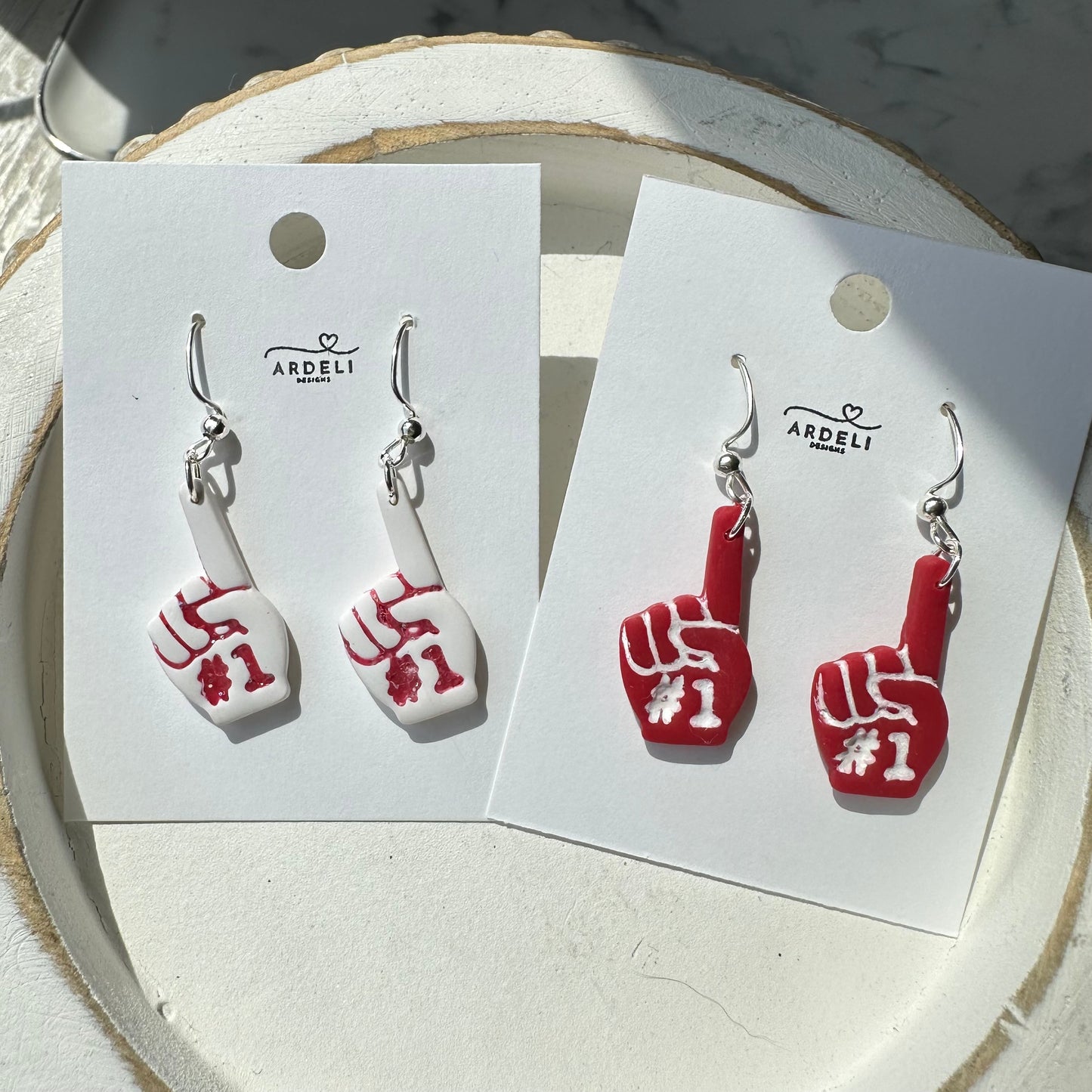 “Play Ball” White #1 Foam Finger Dangle Earrings