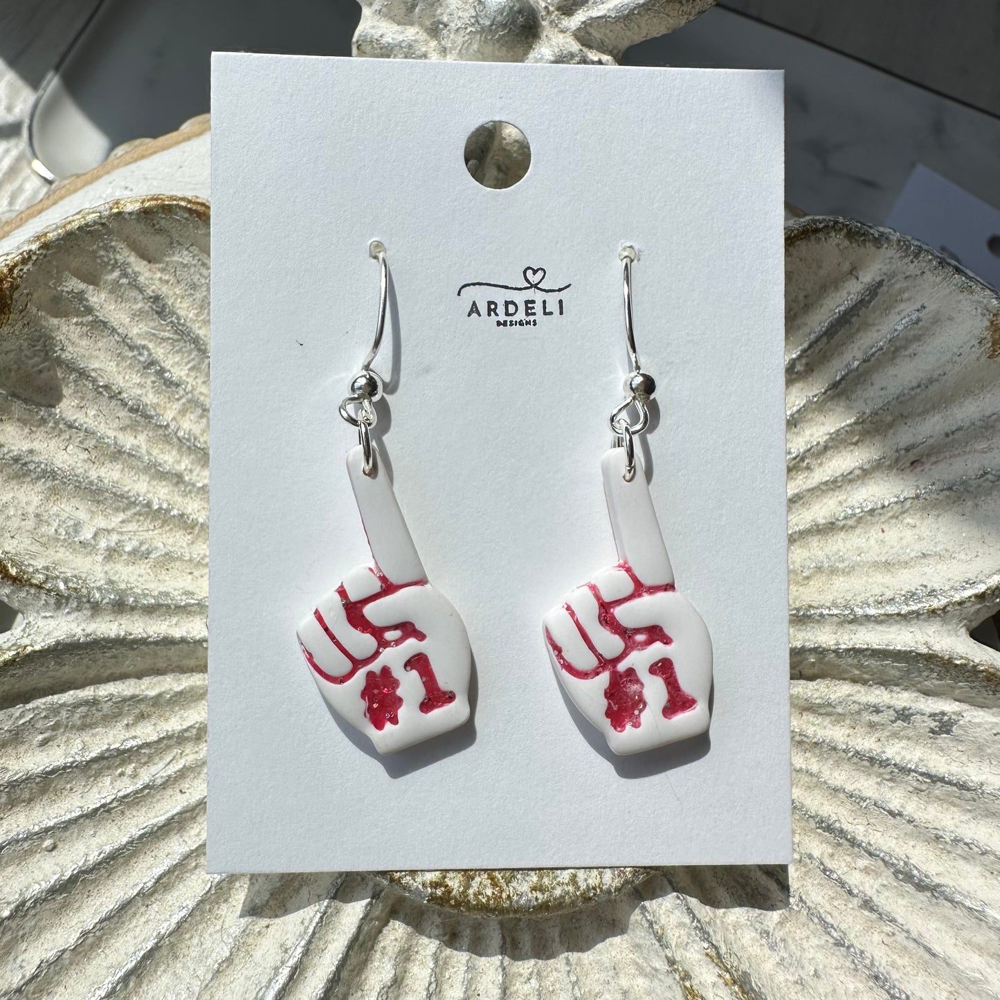 “Play Ball” White #1 Foam Finger Dangle Earrings