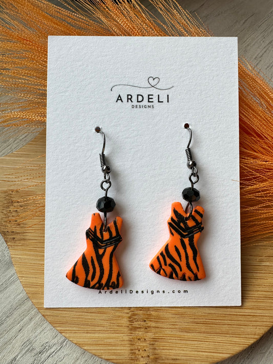 "Game Dey" Spirit Wear Bengals Inspired Tiger Striped Cheerleader Polymer Clay Dangle Earrings