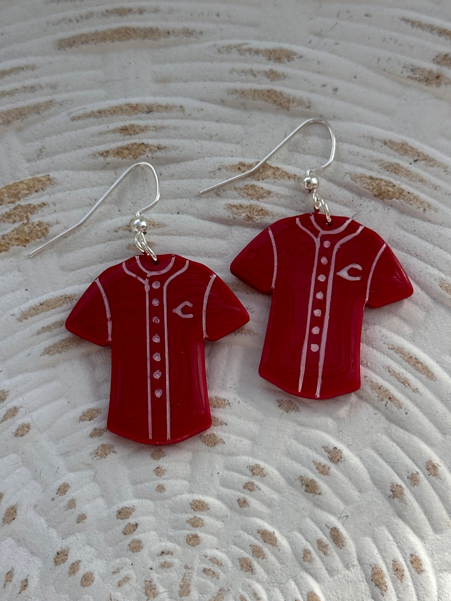 “Play Ball” Reds Jersey Dangle Earrings