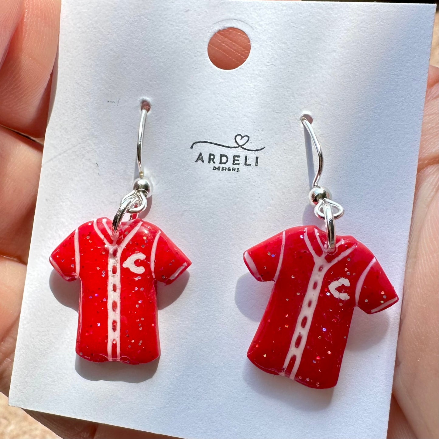 “Play Ball” Sm Reds Jersey Dangle Earrings