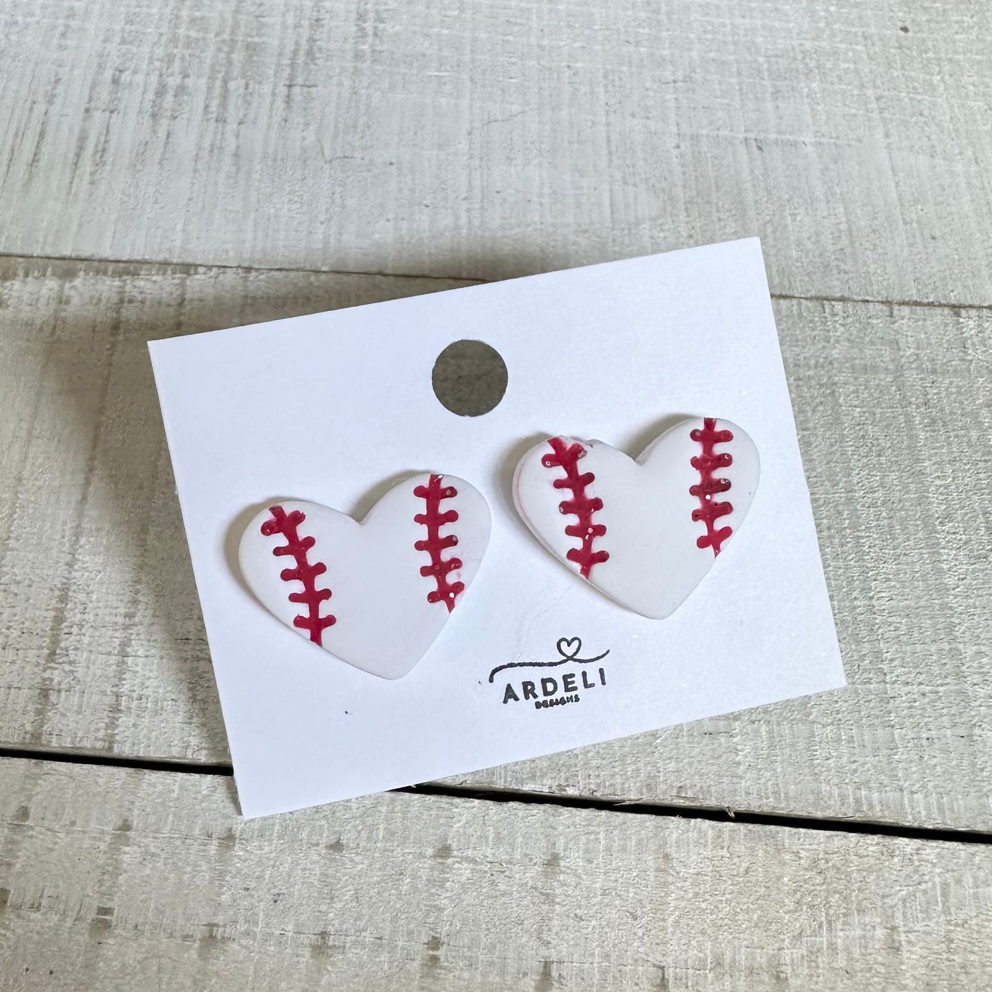 “Play Ball” White Heart Baseball Stud Earrings