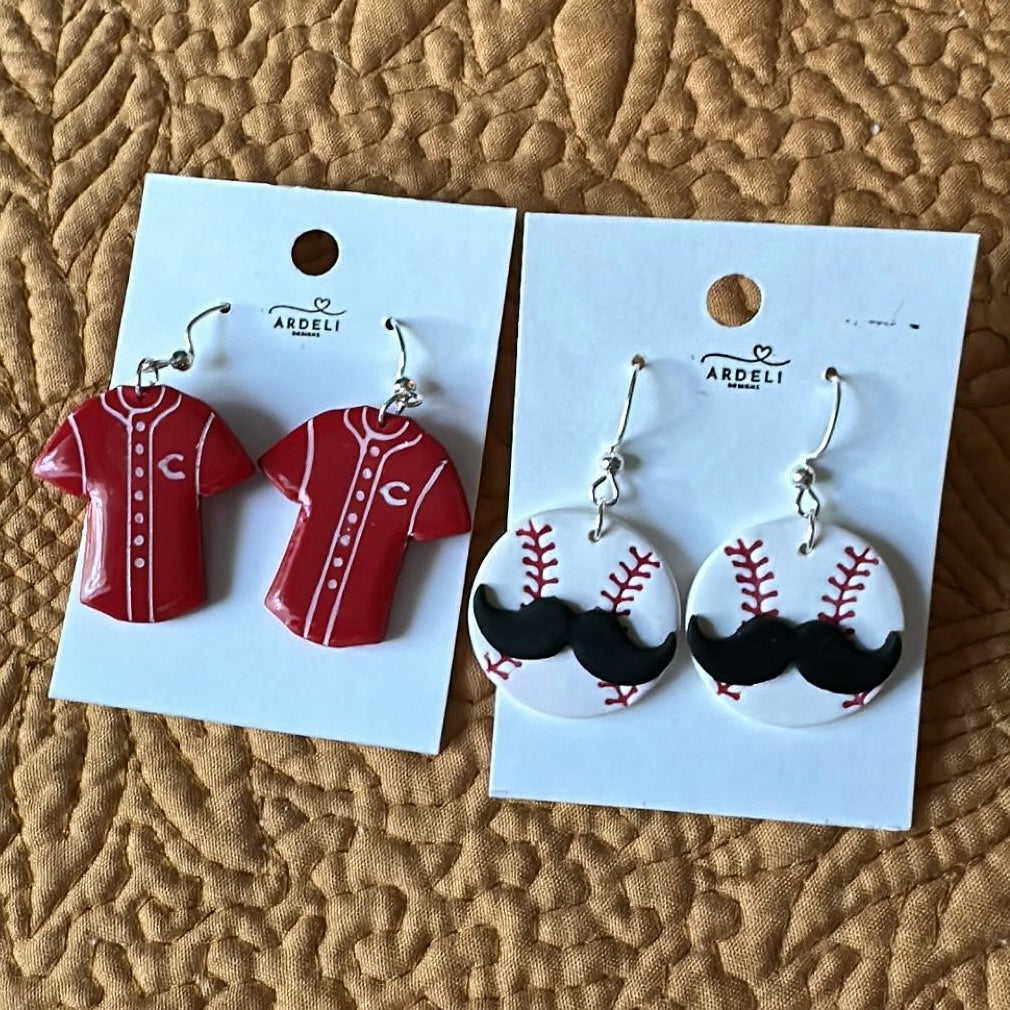 “Play Ball” Reds Jersey Dangle Earrings