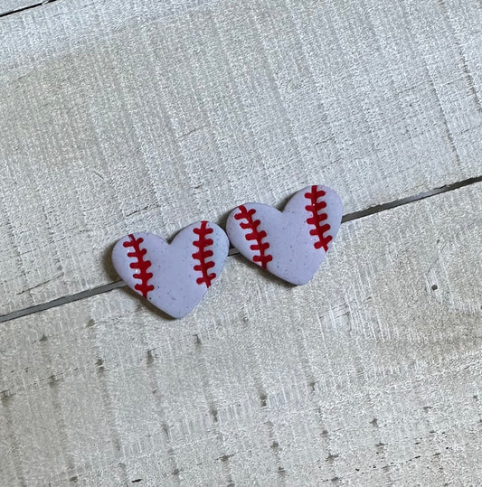 “Play Ball” Gray Heart Baseball Stud Earrings