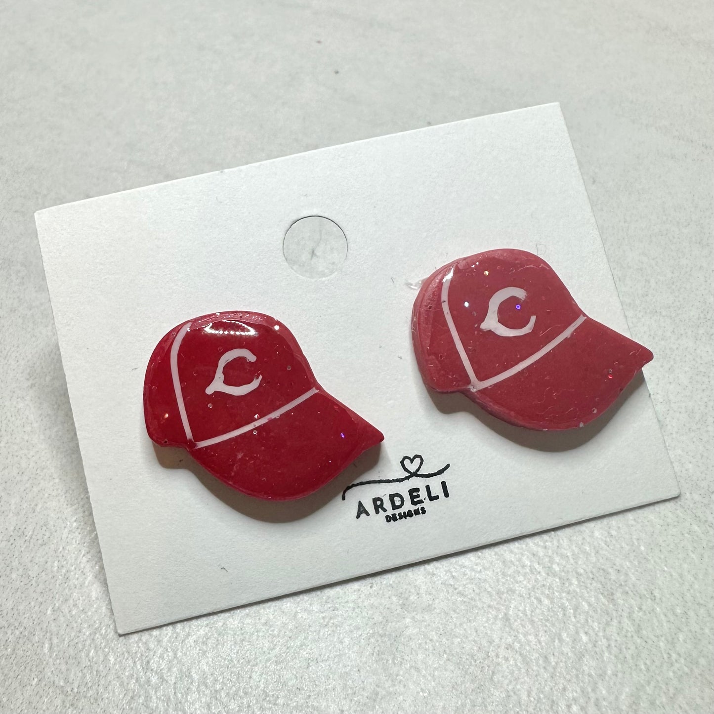 “Play Ball” Red C Sm Baseball Cap Stud Earrings