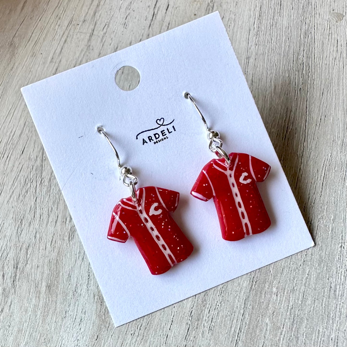 “Play Ball” Sm Reds Jersey Dangle Earrings