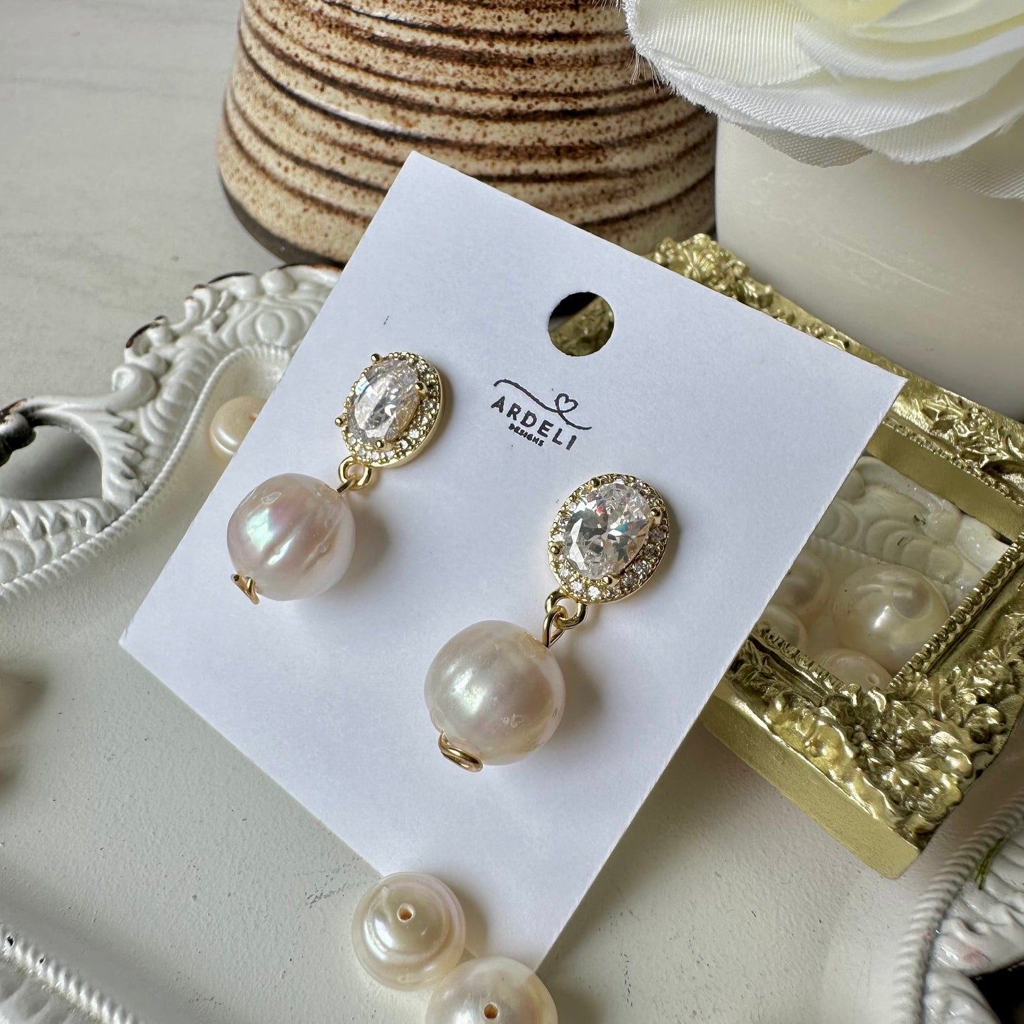 “Lorraine” 90 Real Gold Plated Brass Zircon Freshwater Pearl Stud Earrings