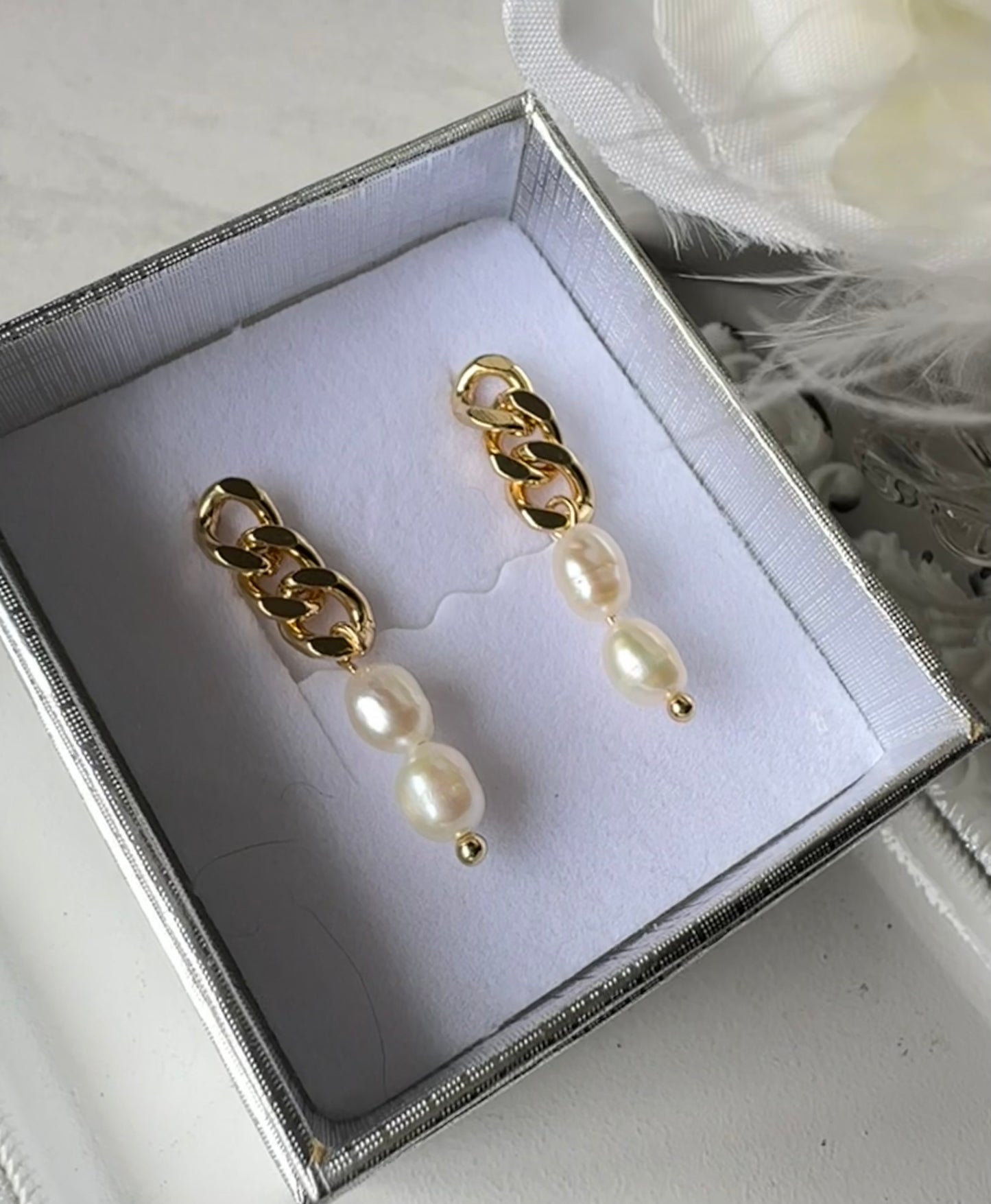 “Lorraine” 82 Gold Plated Chain Freshwater Pearl Dangle Earrings