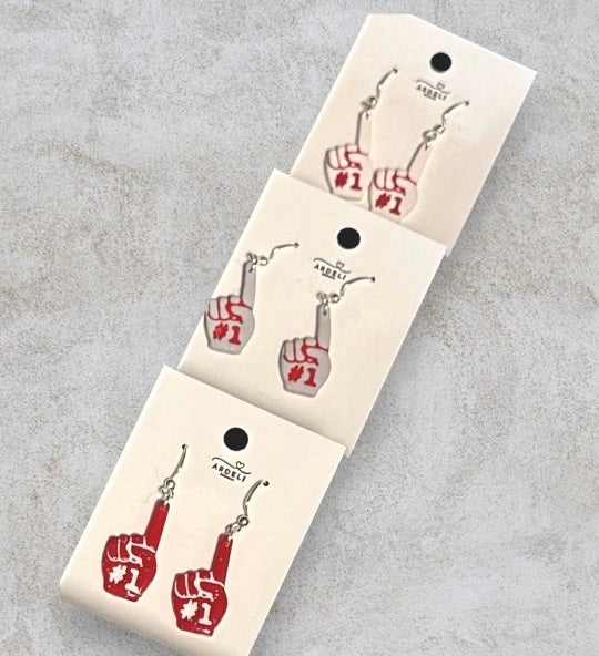 “Play Ball” Gray & Red #1 Foam Finger Dangle Earrings