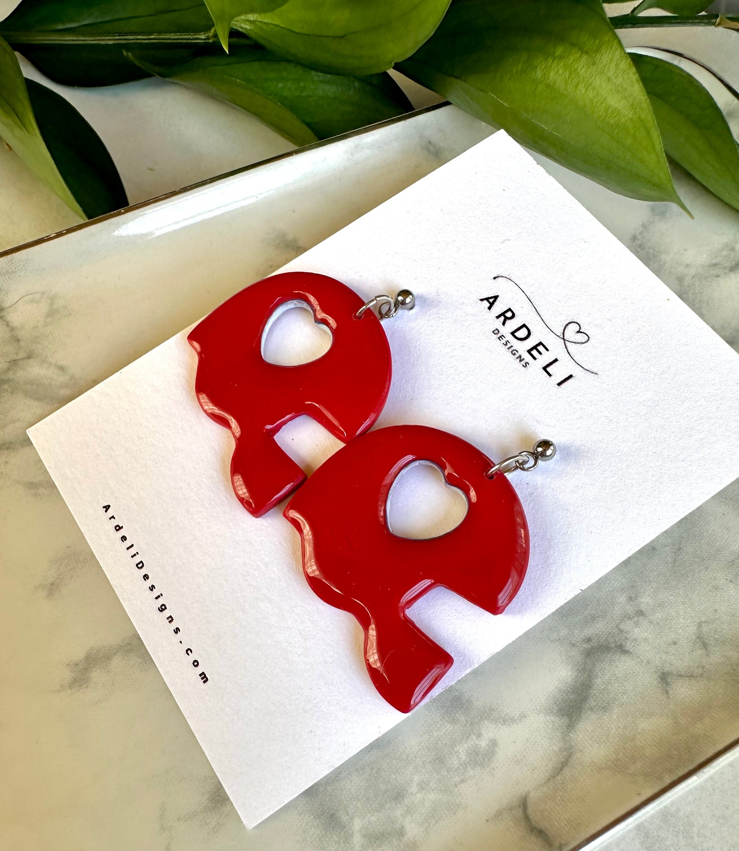 “Buffaluv” Red Heart Helmet Surgical Steel Post Dangle Earrings