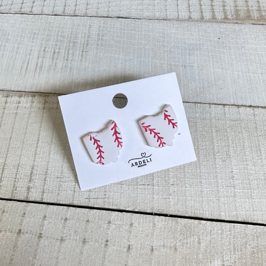 “Play Ball” White Ohio Baseball Stud Earrings