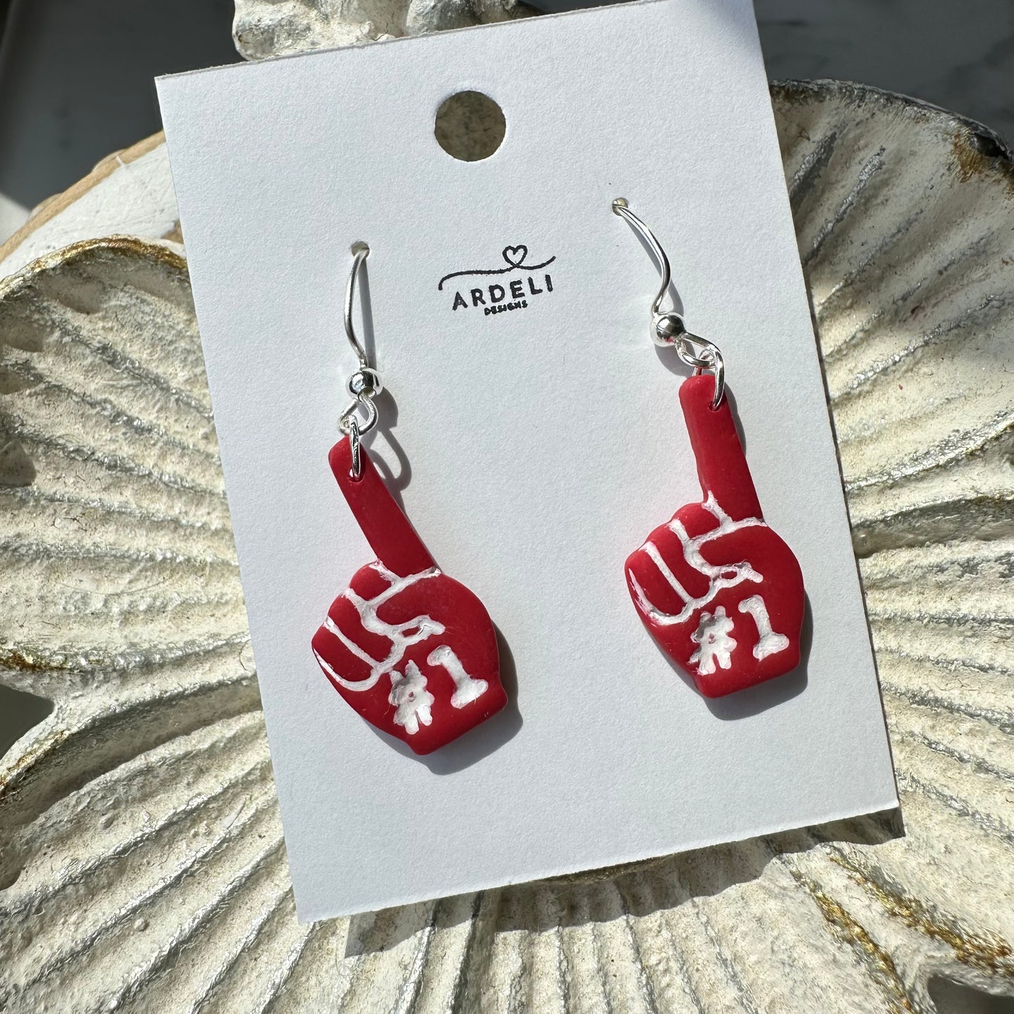 “Play Ball” Red #1 Foam Finger Dangle Earrings