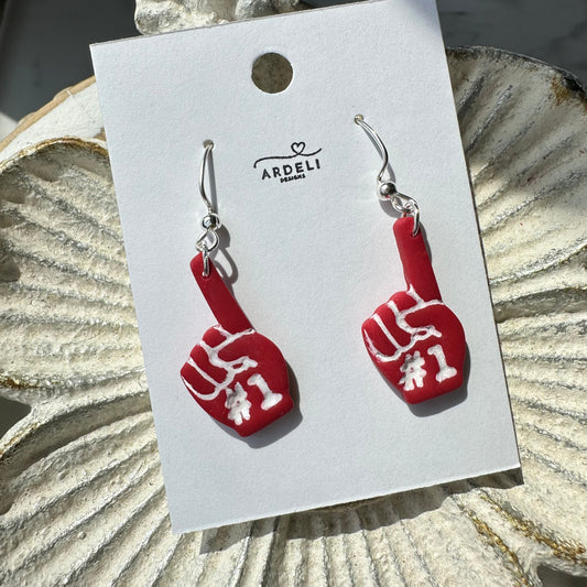 “Play Ball” Red #1 Foam Finger Dangle Earrings