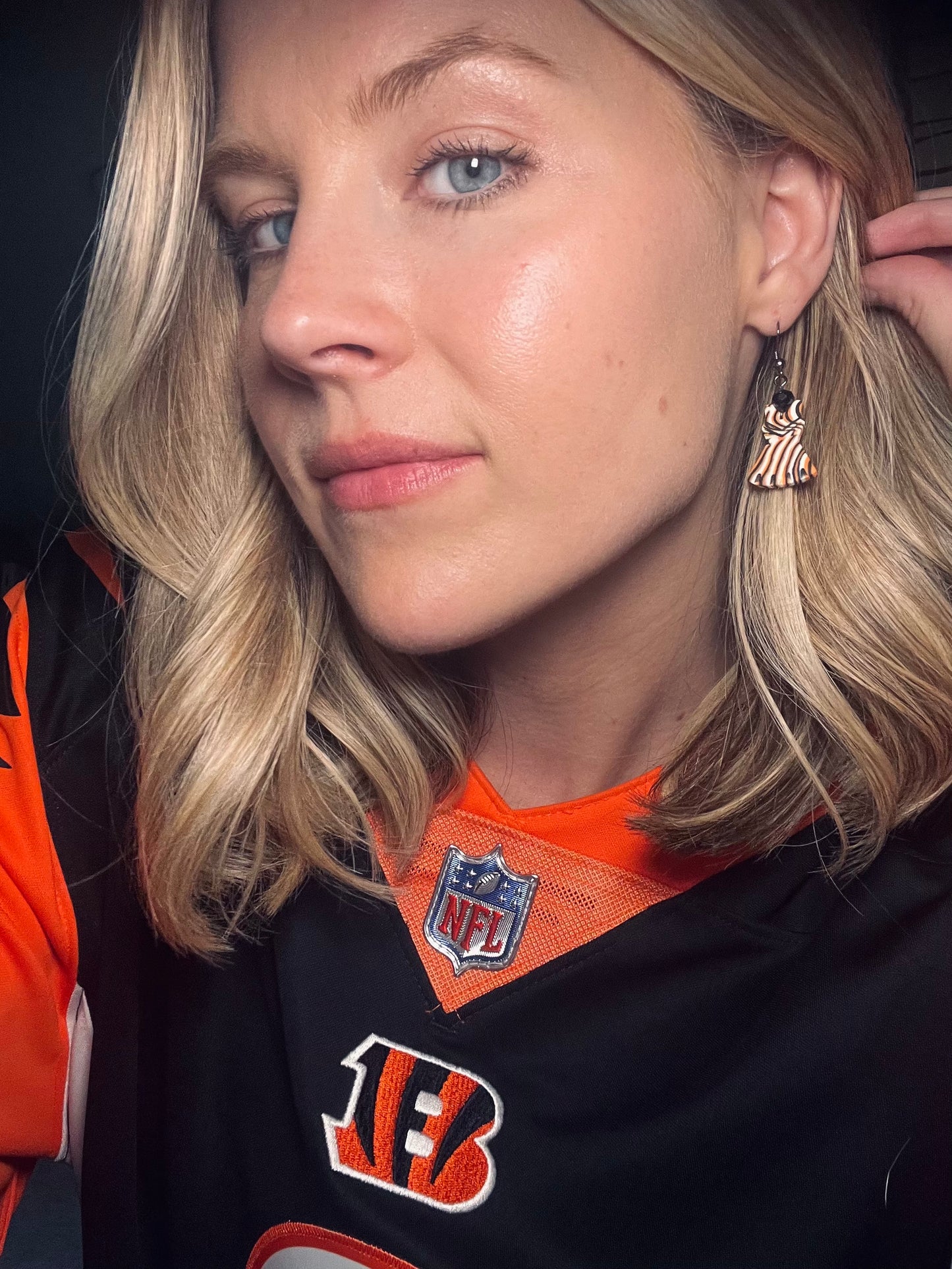 "Game Dey" Spirit Wear Zubaz Bengals Inspired Cheerleader Polymer Clay Dangle Earrings