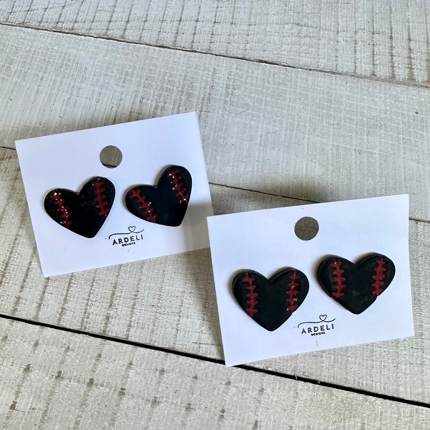 “Play Ball” Black Heart Baseball Stud Earrings