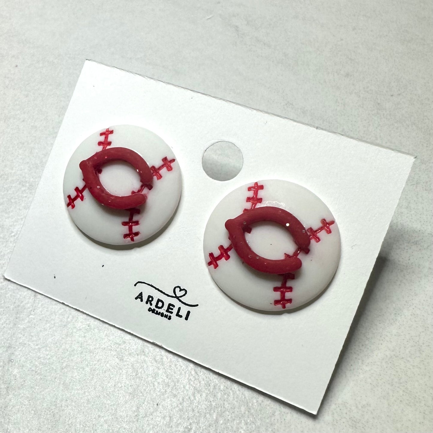 “Play Ball” Red C Baseball Stud Earrings