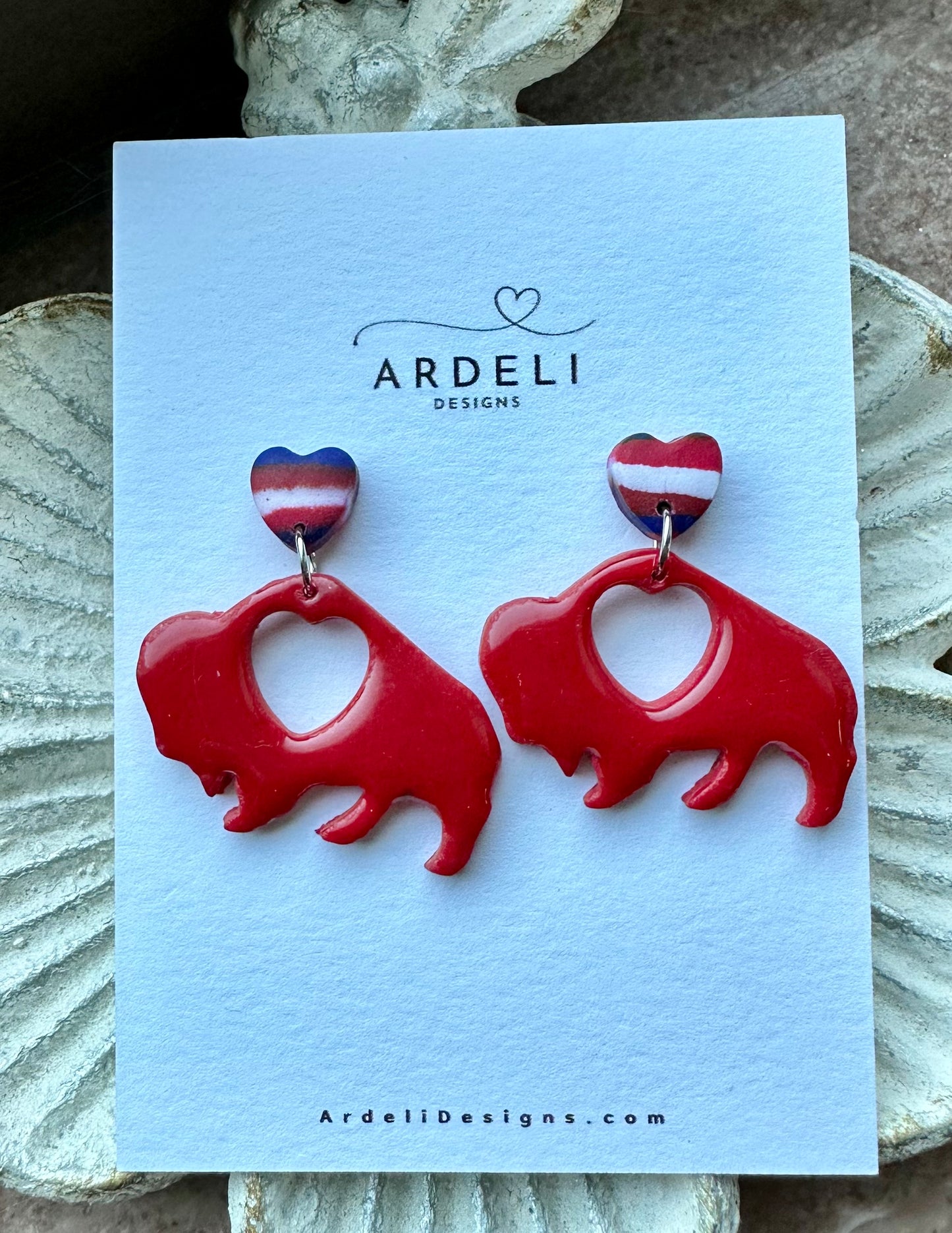 “Buffaluv” Bison Red Zubaz Surgical Steel Post Silver Dangle Earrings