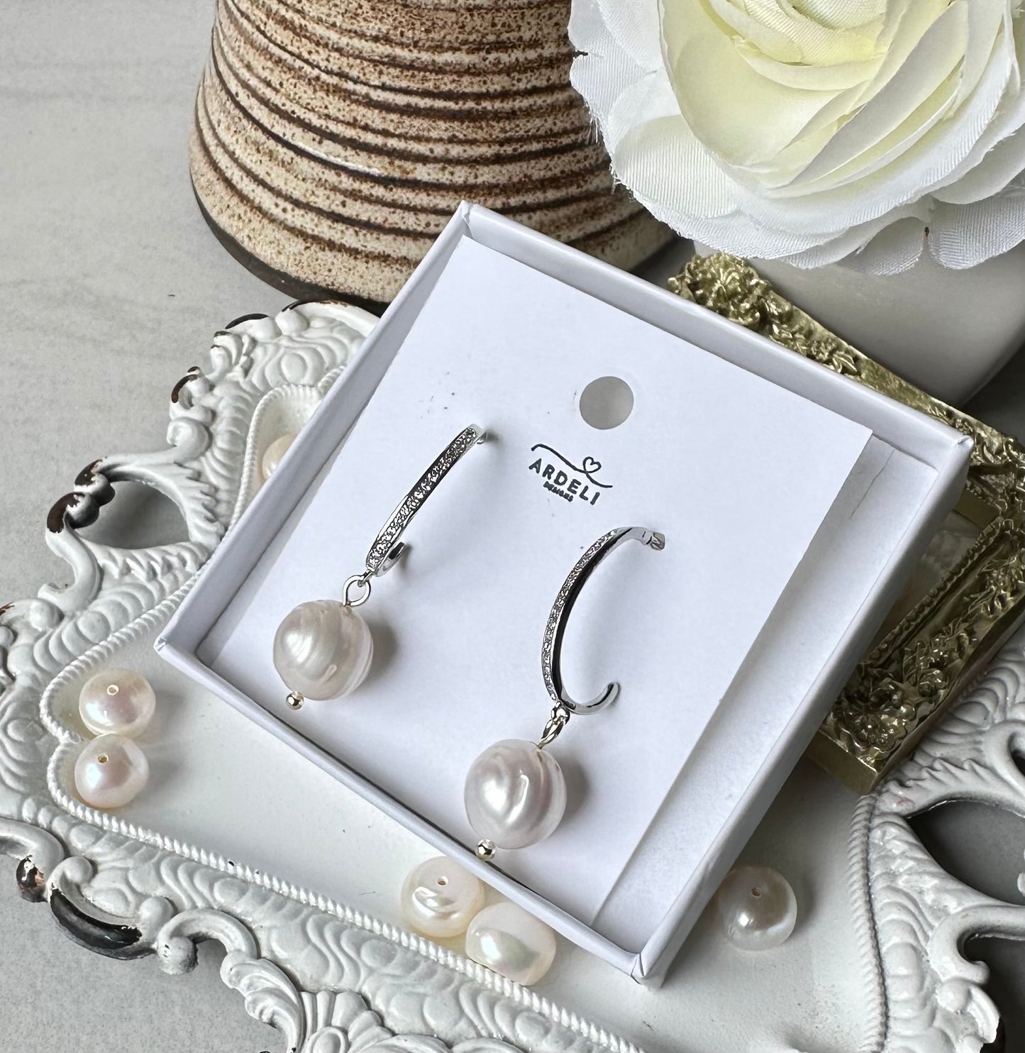 “Lorraine” 89 Real Platinum Plated CZ Pave Half Hoop Stud Freshwater Pearl Dangle Earrings