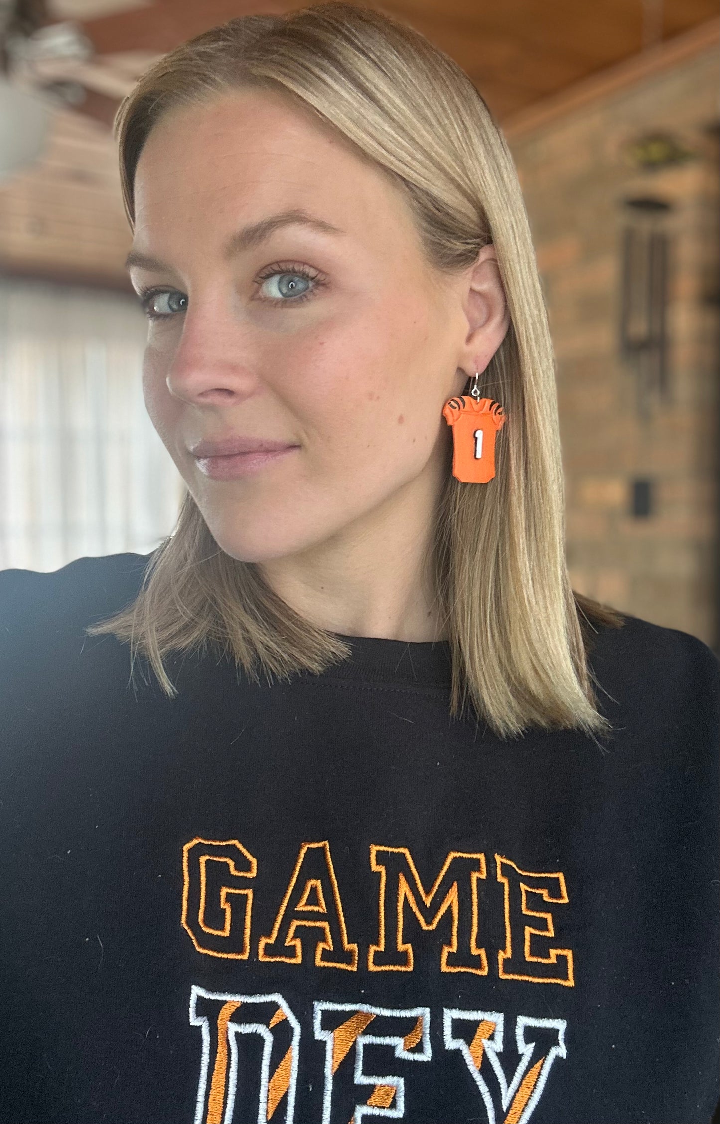 "Game Dey" Orange #1 Jersey Silver Dangle Earrings