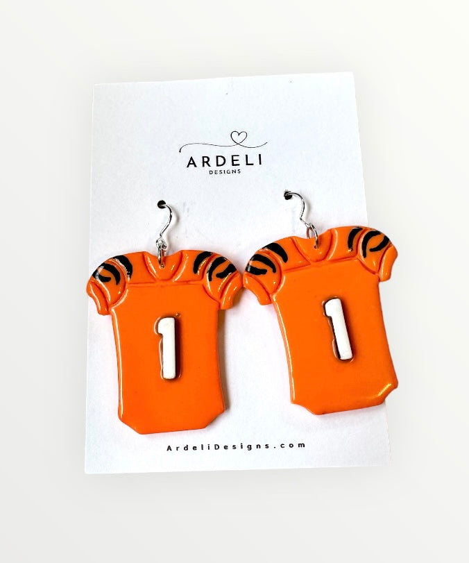 "Game Dey" Orange #1 Jersey Silver Dangle Earrings