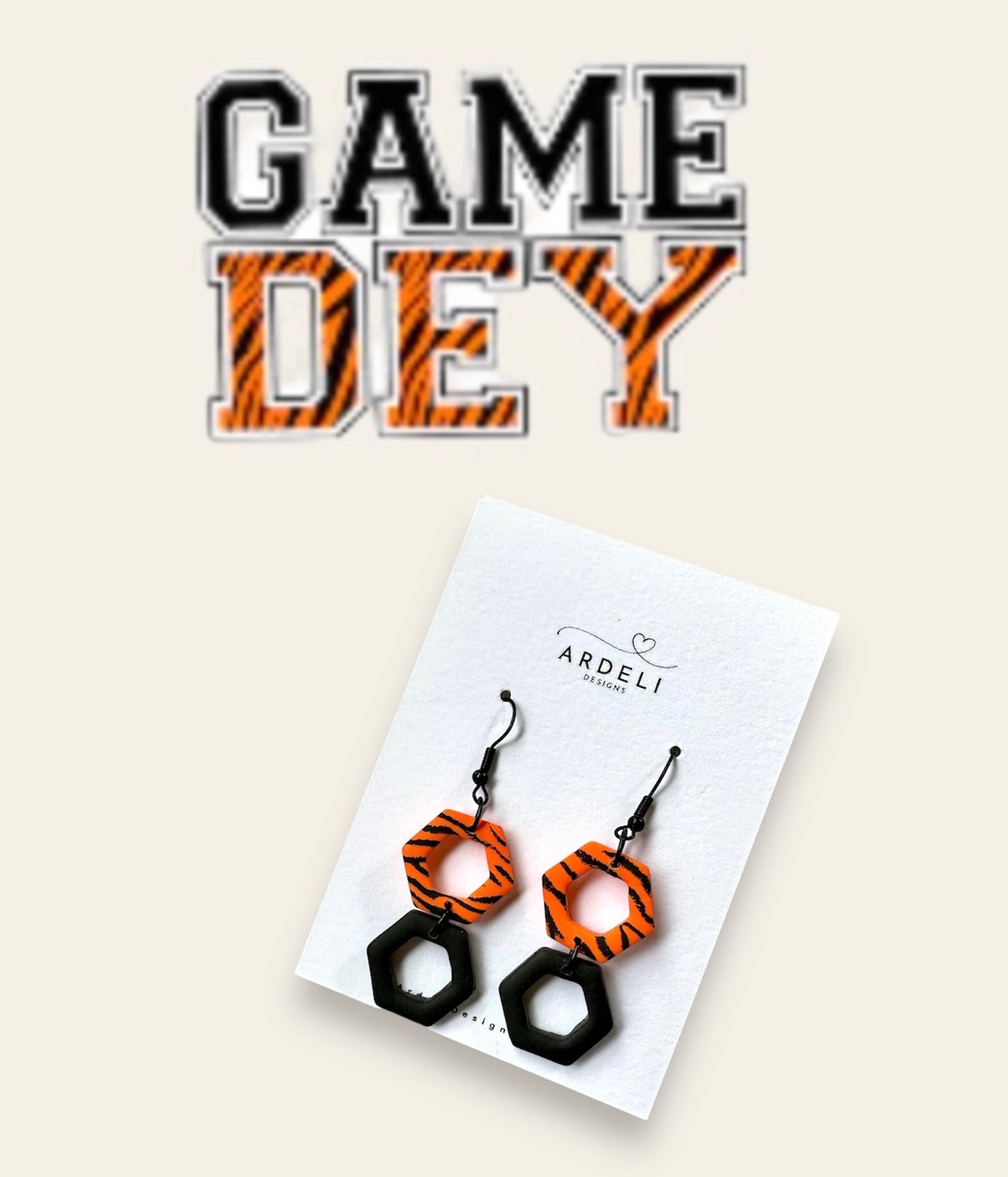 "Game Dey" Tiger Striped Honey Comb Black French Hook Dangle Earrings