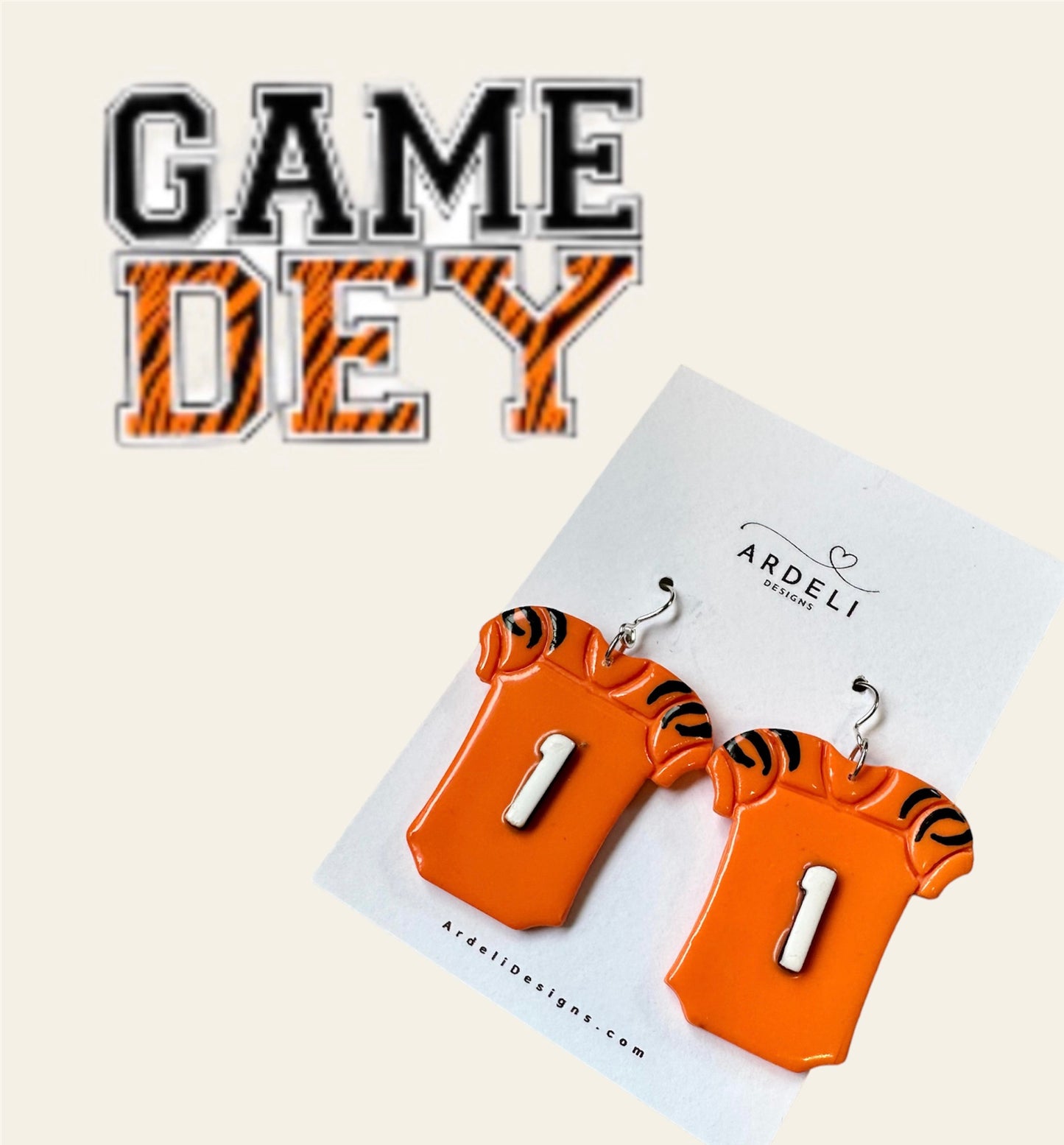 "Game Dey" Orange #1 Jersey Silver Dangle Earrings