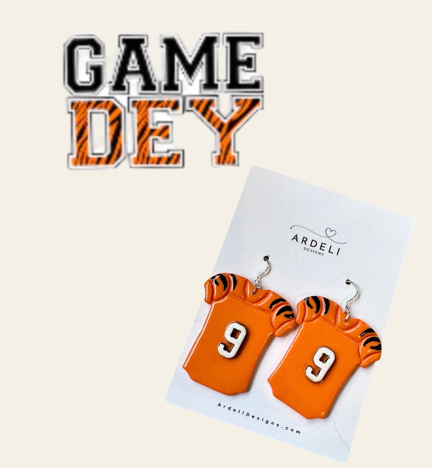 "Game Dey" #9 Orange Jersey Silver Dangle Earrings