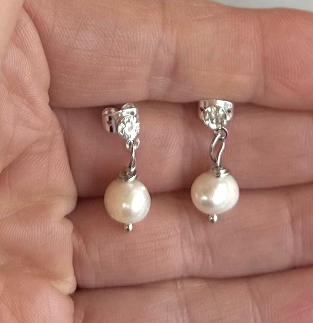 "Lorraine” 53 Fresh Water Pearl Drop Rhinestone Silver Plated Post Earrings