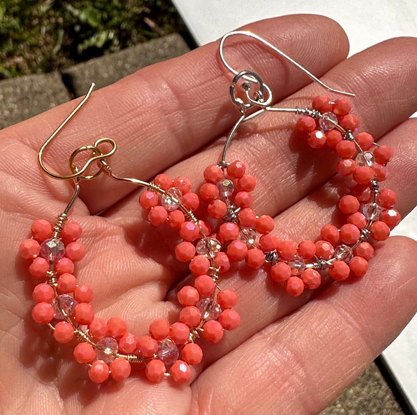 “Georgia” Handmade Silver Plated Coral Dainty Daisy Dangle Earrings