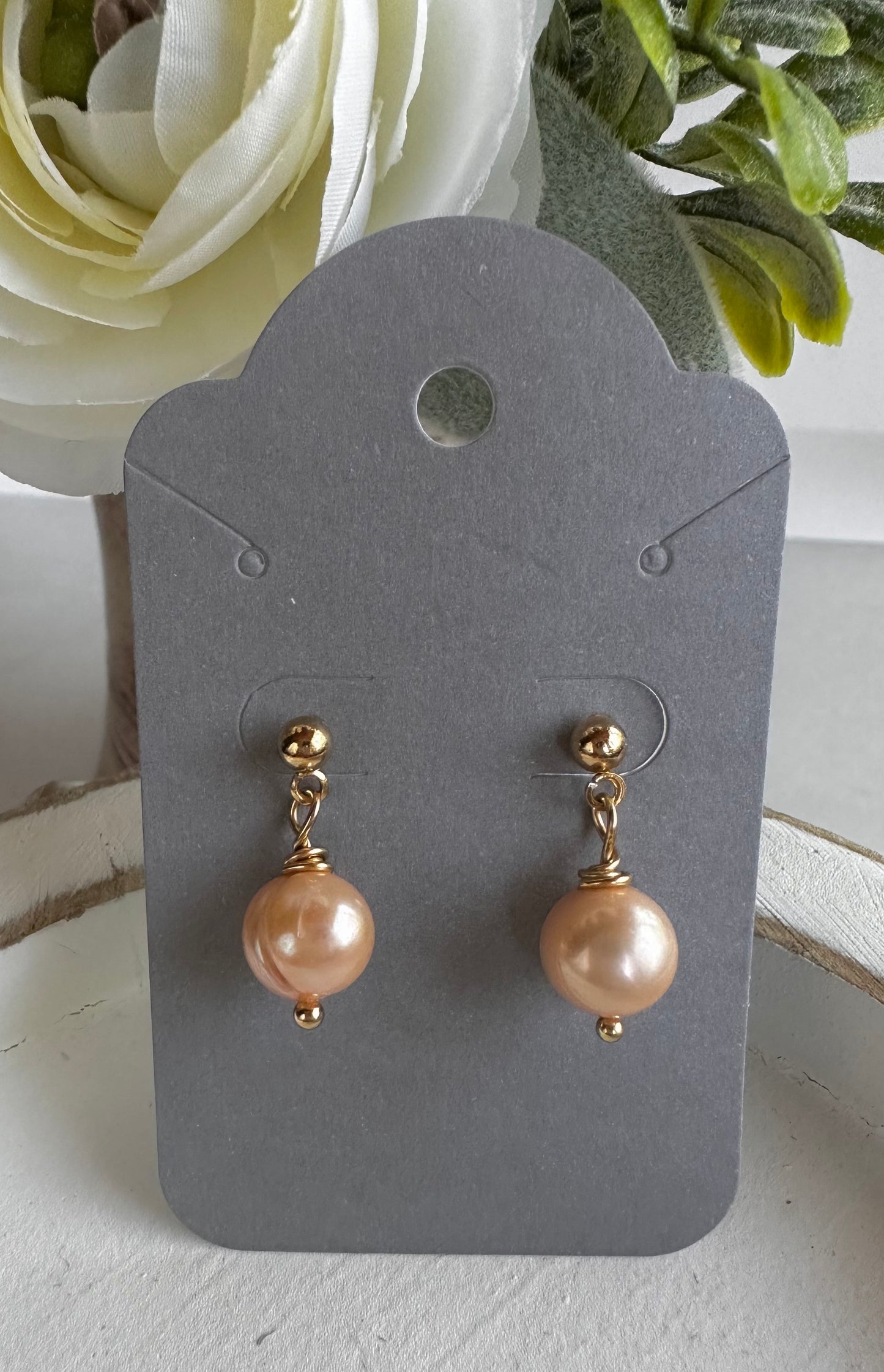 "Lorraine" 72 Peach Potato Pearl Drop Gold Plated Ball Post Dangle Earrings