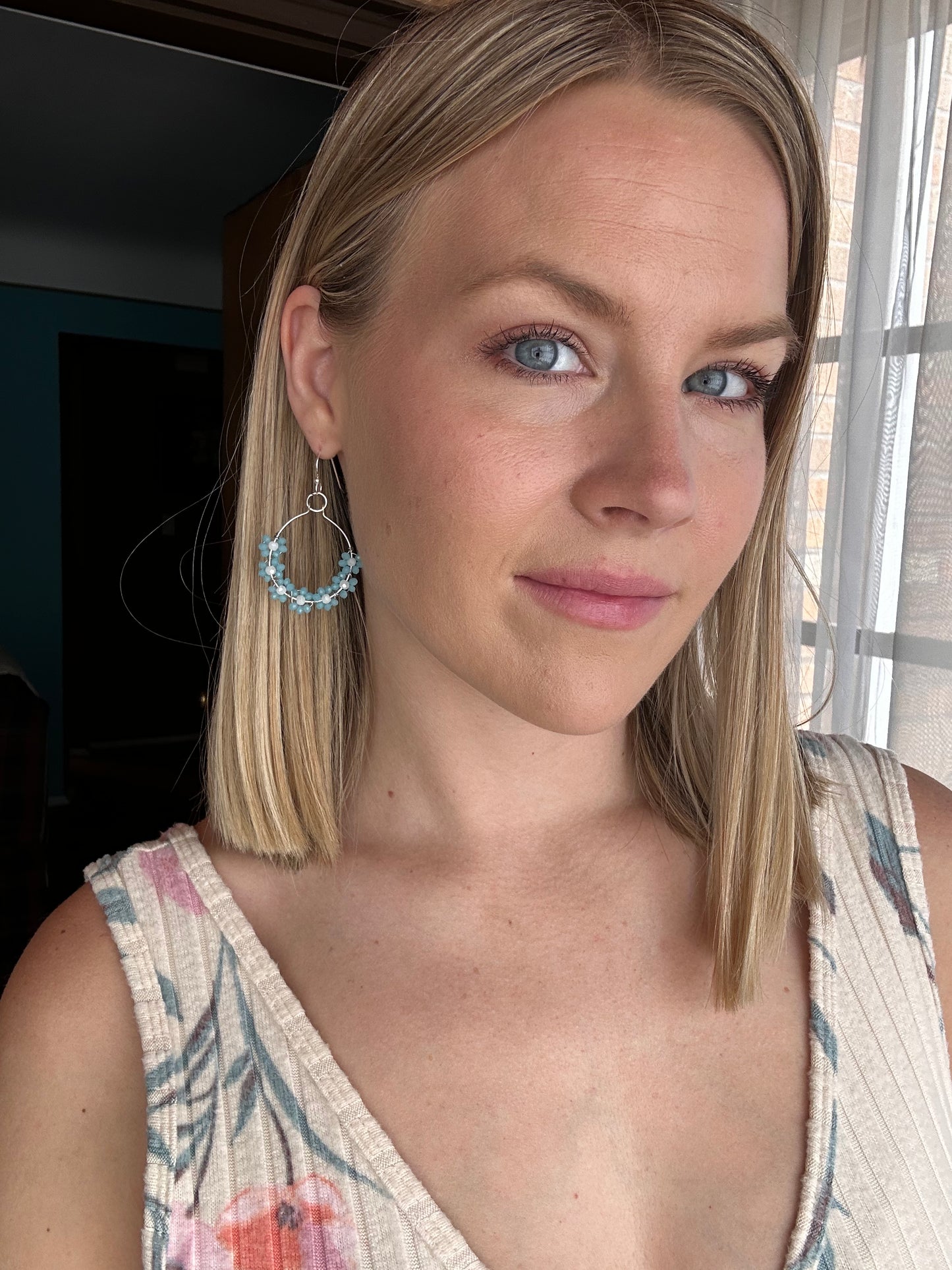 “Georgia” Handmade Silver Plated Sky Blue Dainty Daisy Dangle Earrings