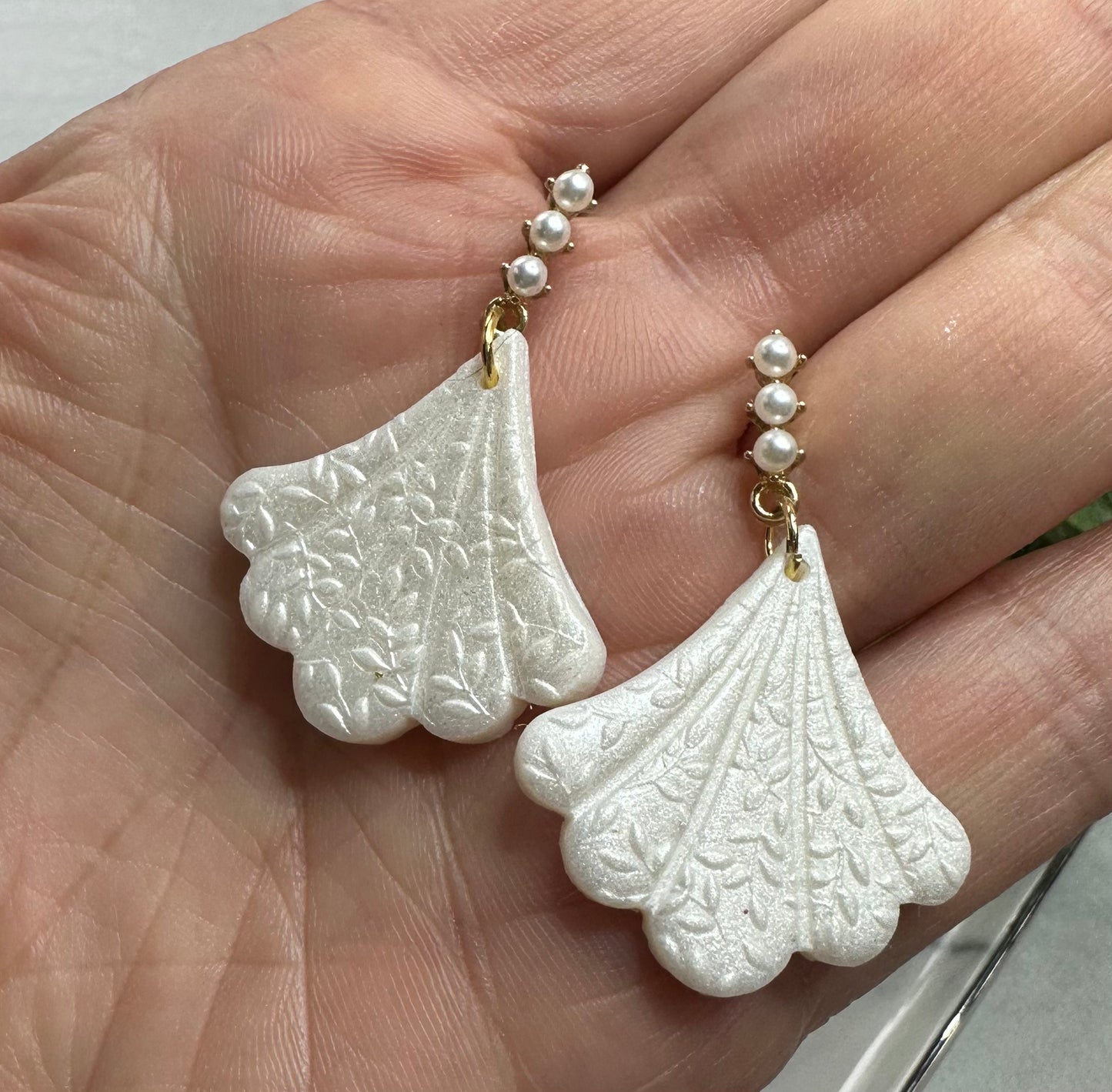 “Lily of the Valley” White Polymer Clay Gold Plated Faux Pearl Dangle Post Earrings