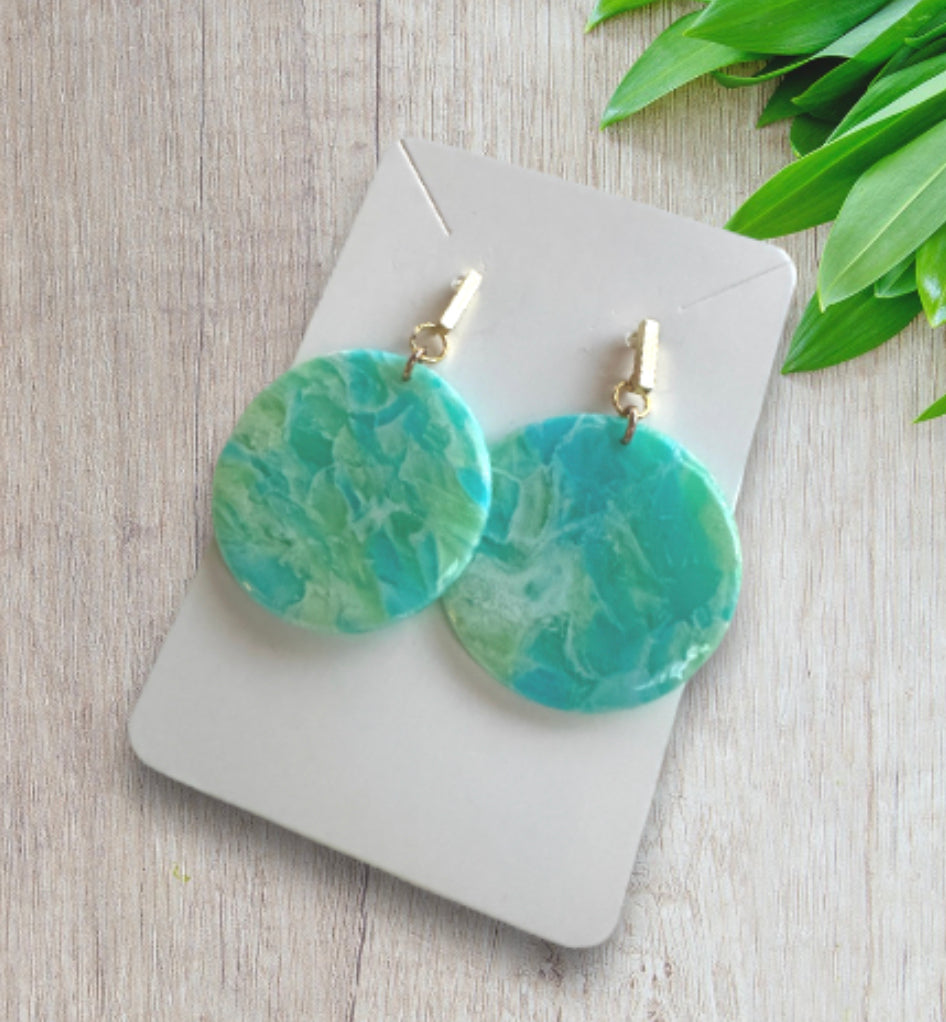 “Tropical Breeze” Handmade Polymer Clay Round Gold Plated Stud Dangle Earrings