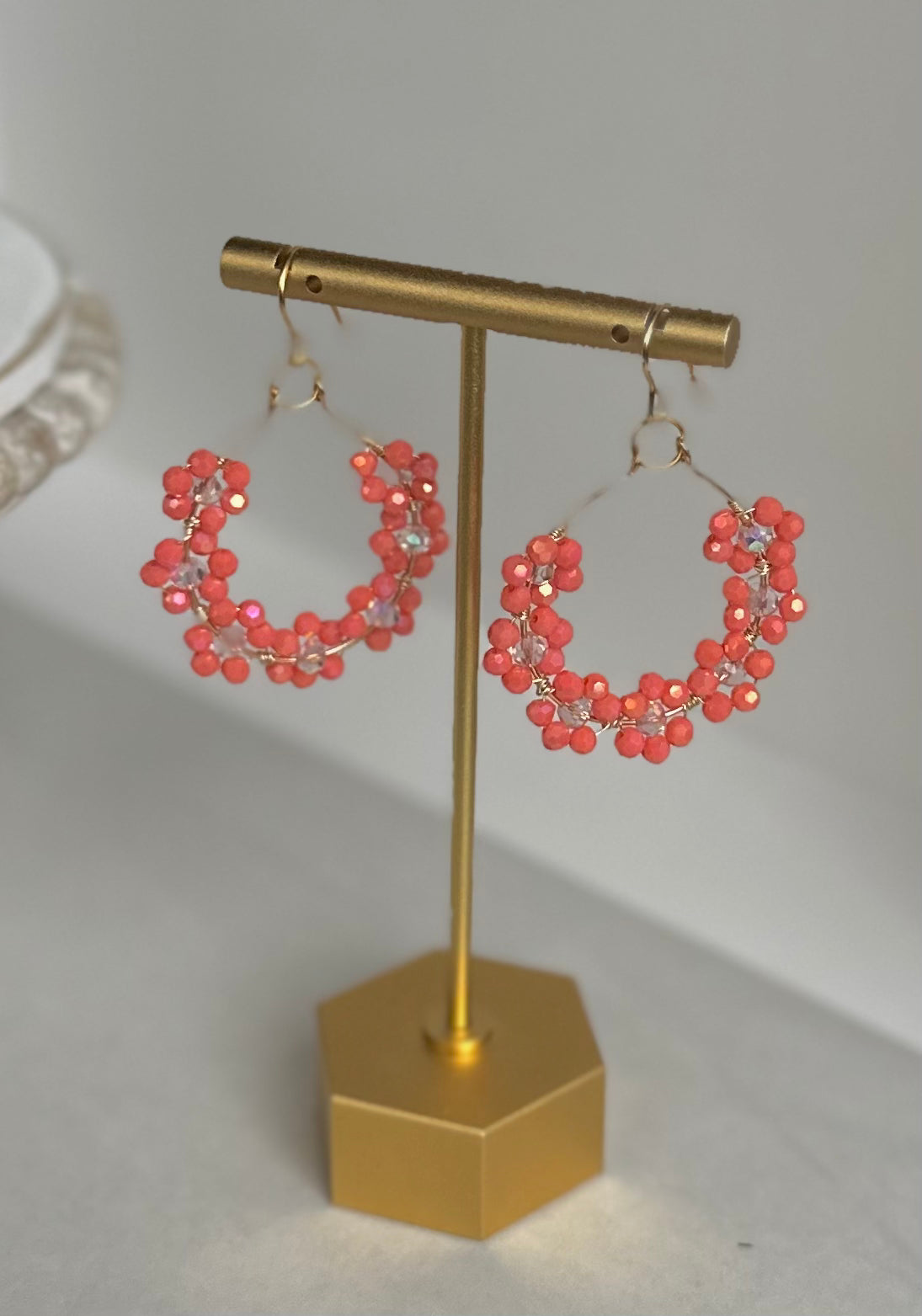 “Georgia” Handmade 10K Gold Plated Coral Dainty Daisy Dangle Earrings