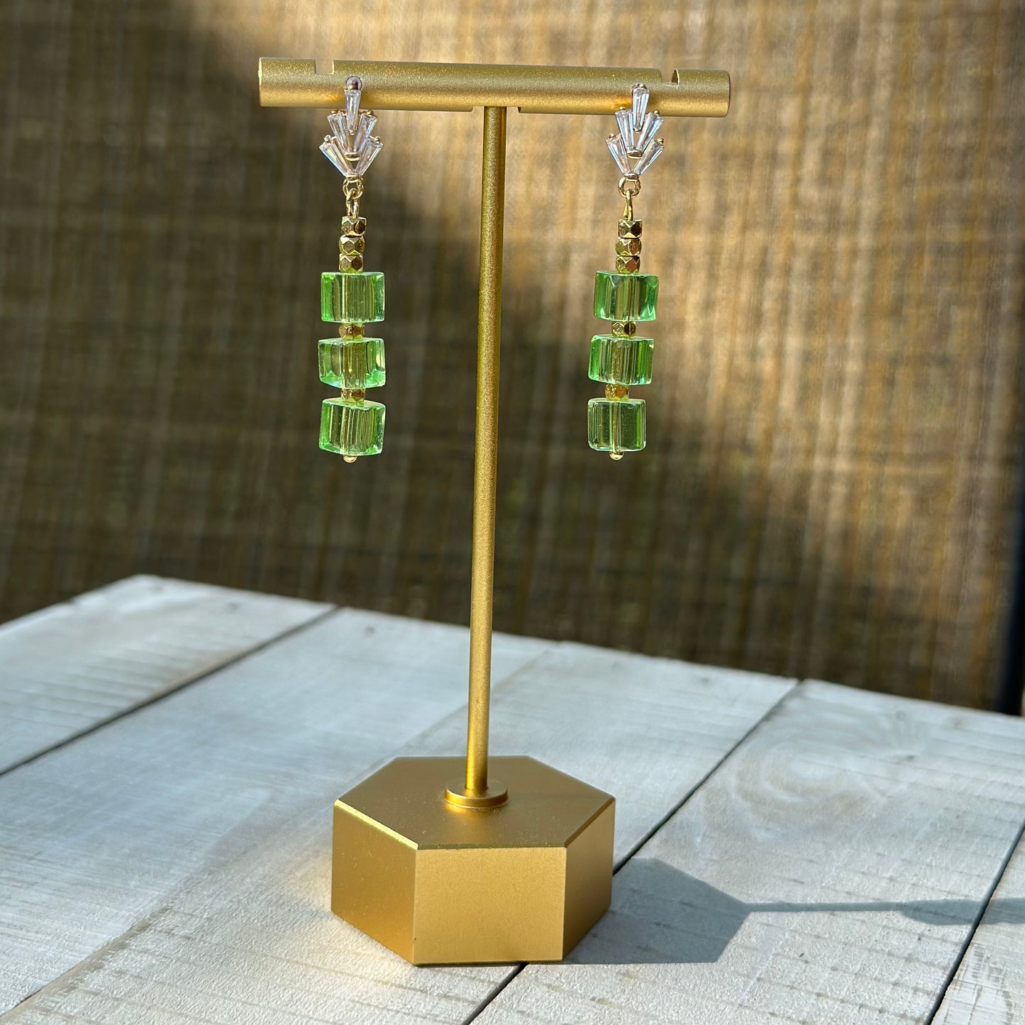 “Crystal Suncatcher” Handmade 18K Gold Plated Brass Cubic Zirconia Emerald Crystal Cube Dangle Earrings