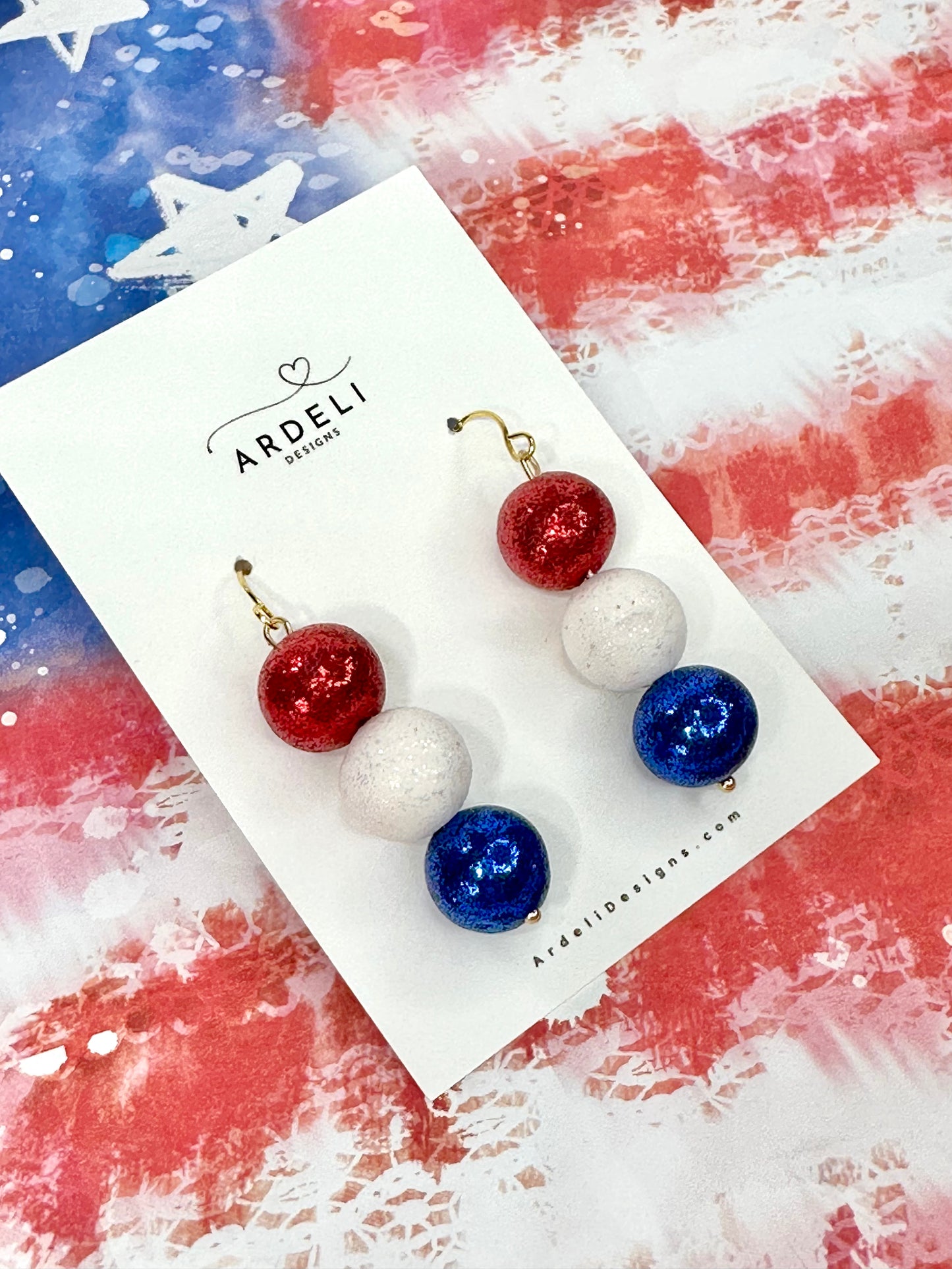 "USA" Red, White and Blue Clay Bead Dangle Drop Earrings