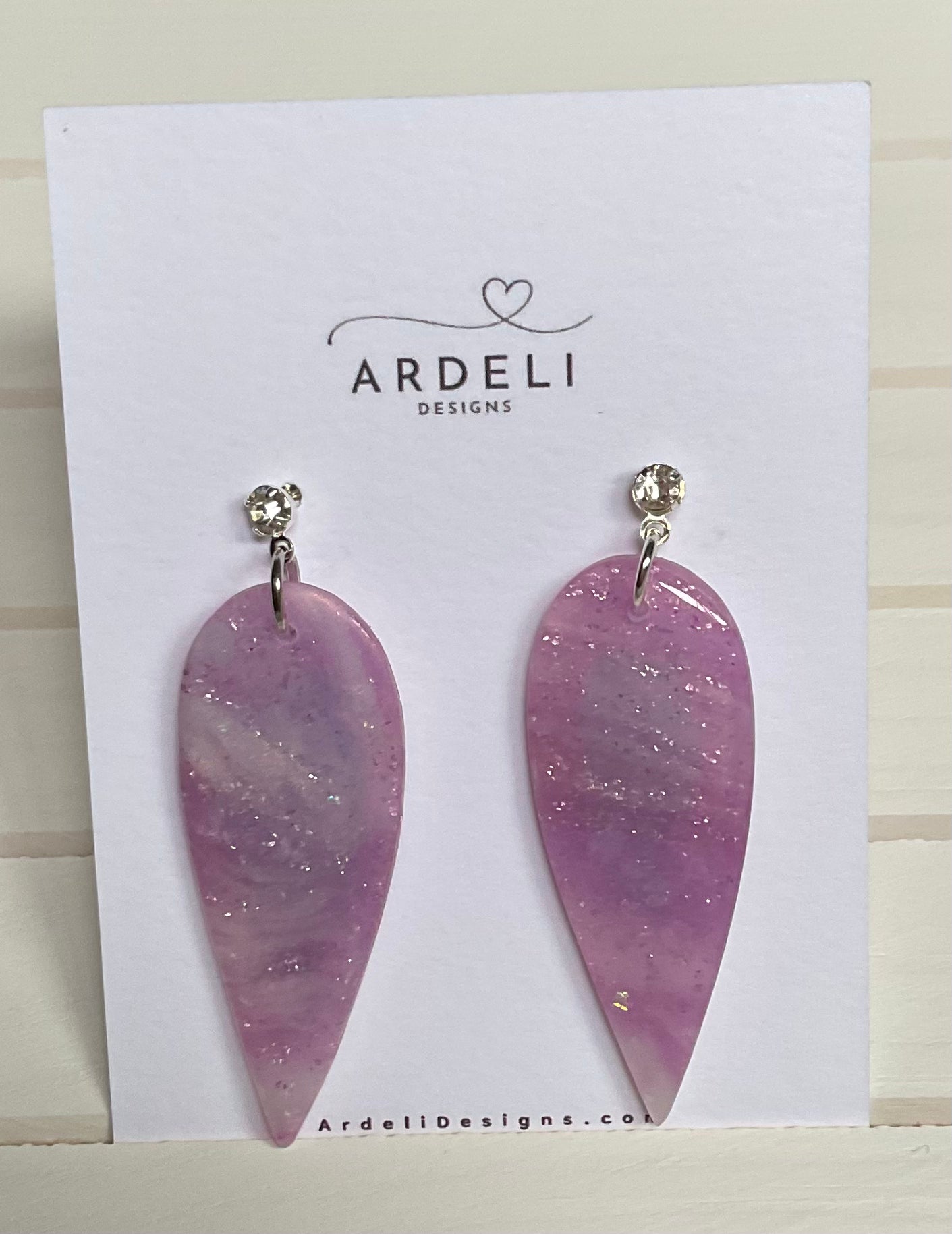 “Lavender Haze” Handmade Polymer Clay Purple Teardrop Cubic Zirconia Silver Gold Plated Post Dangle Earrings