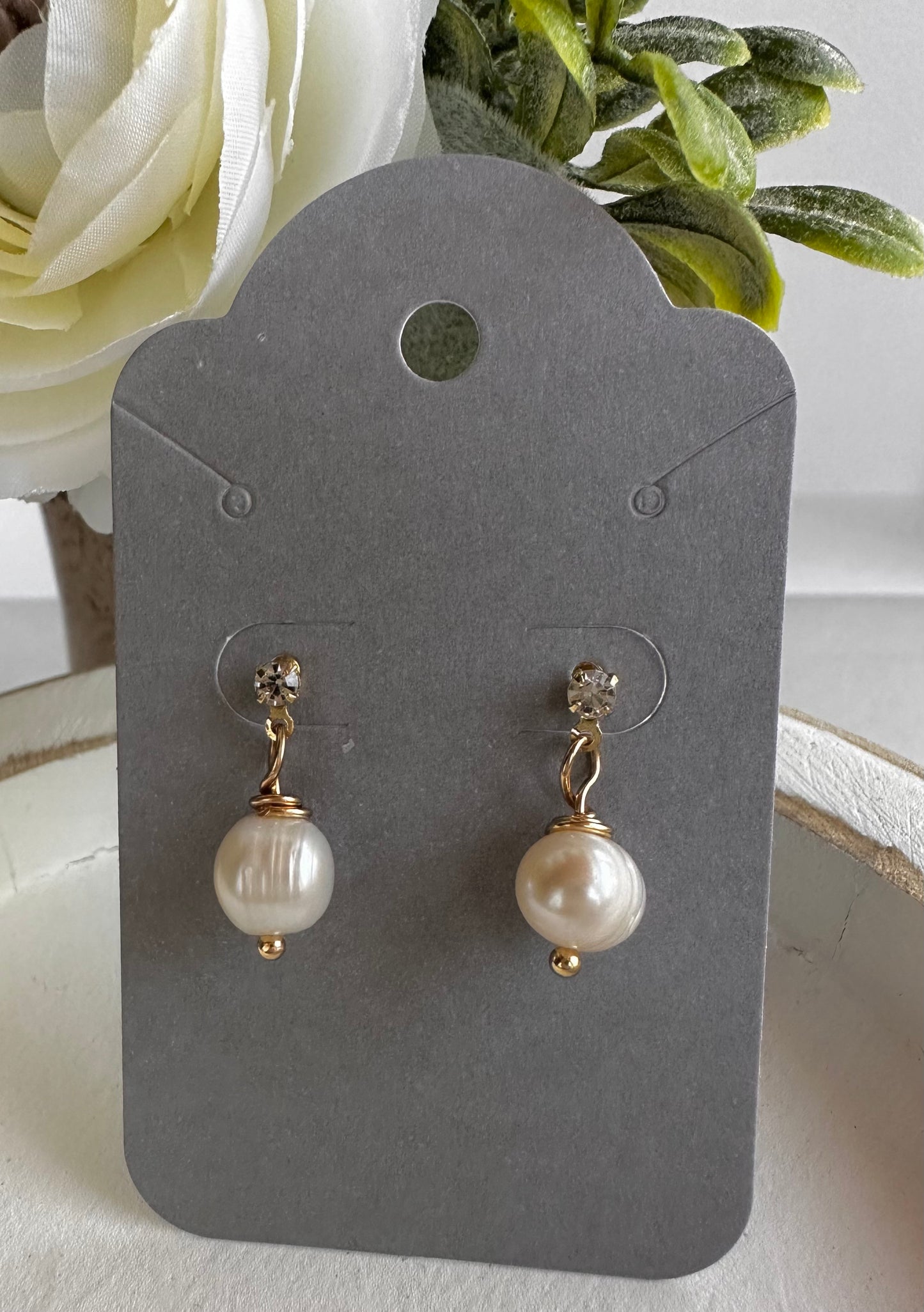 “Lorraine” 59 Fresh Water Pearl Drop Cubic Zirconia 18K Gold Plated Post Earrings