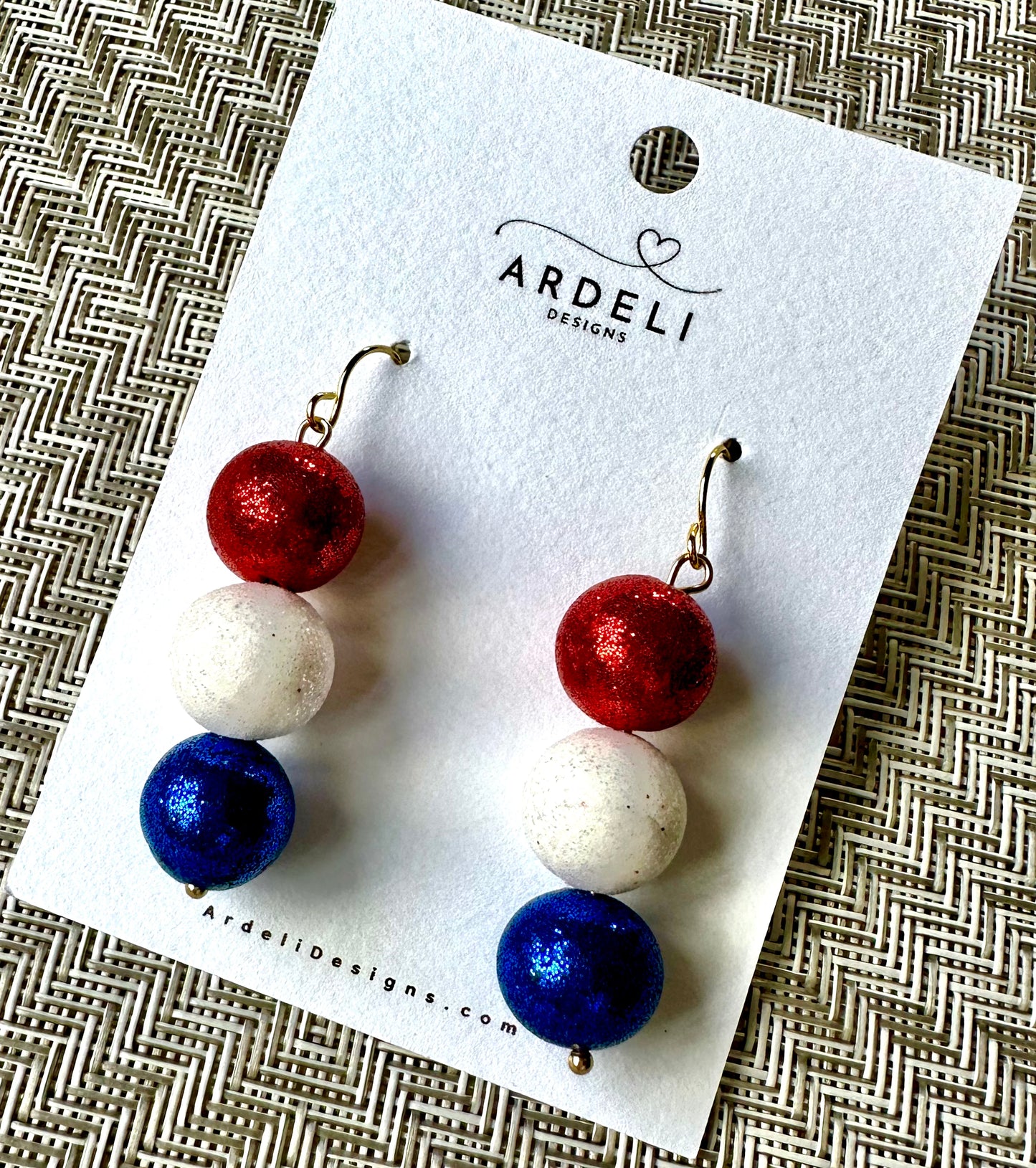 "USA" Red, White and Blue Clay Bead Dangle Drop Earrings