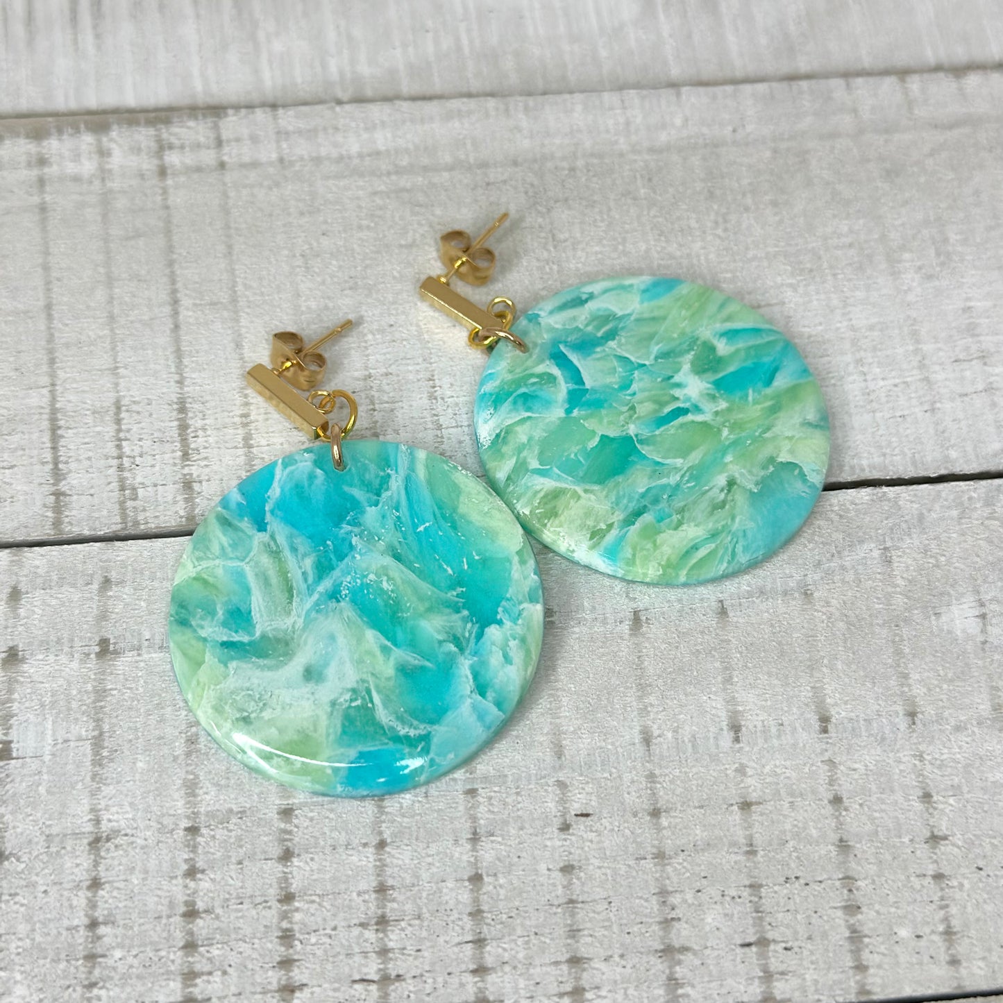 “Tropical Breeze” Handmade Polymer Clay Round Gold Plated Stud Dangle Earrings