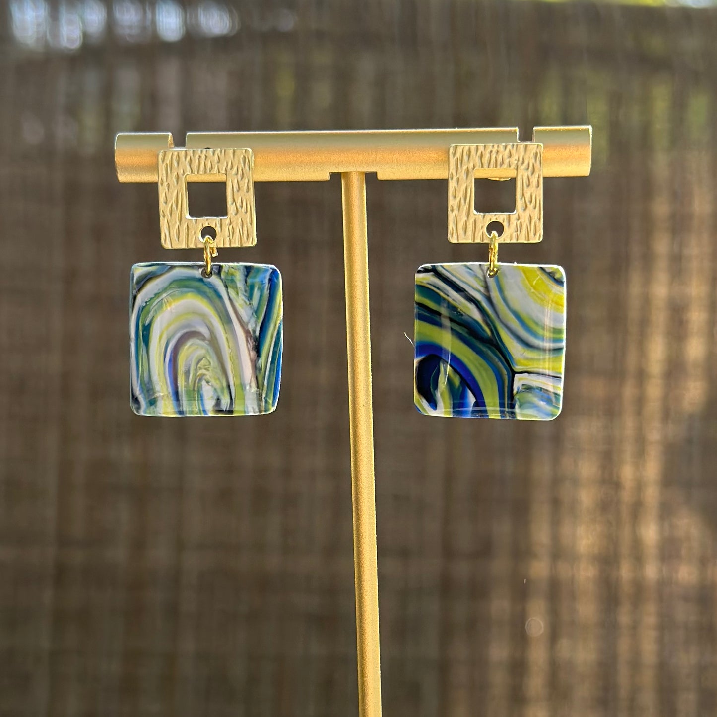 “A Starry Night” Handmade Polymer Clay Square Matte Gold Plated Stud Dangle Earrings