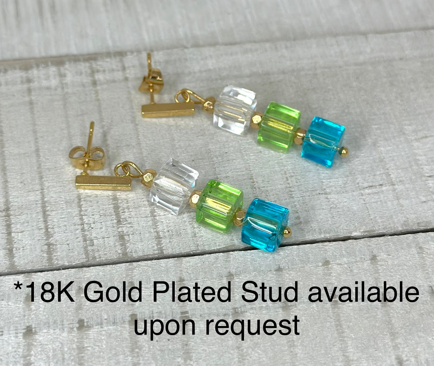 “Crystal Suncatcher” Handmade 18K Gold Plated Brass Cubic Zirconia Emerald Crystal Cube Dangle Earrings