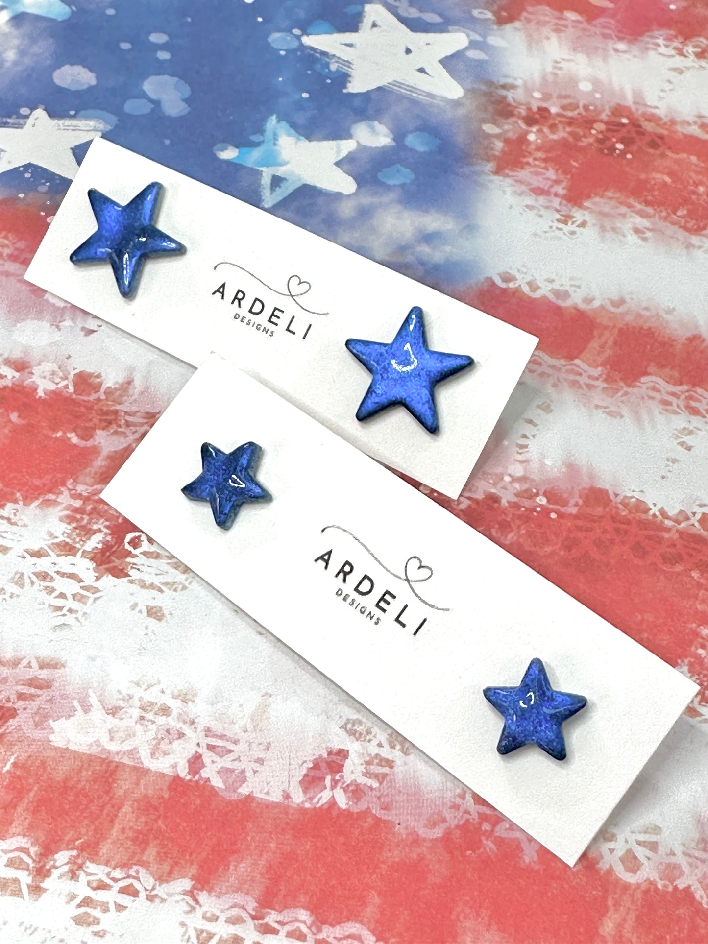 "USA" Blue Shimmer Star Large Stud Earrings