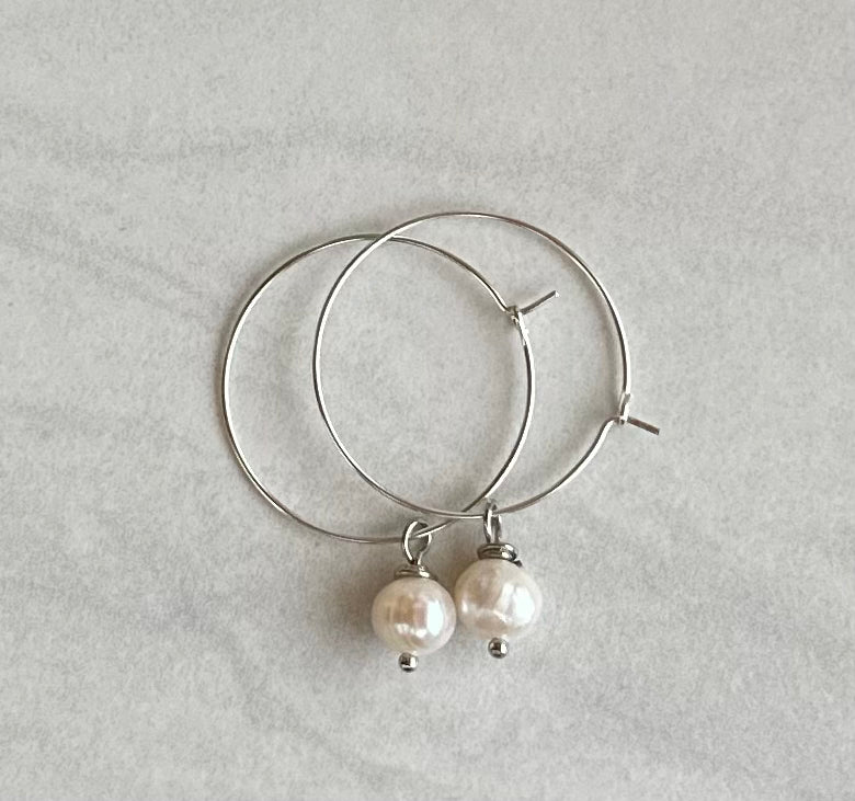 “Lorraine” 50 Fresh Water Pearl Drop Silver Plated Hoop Earrings