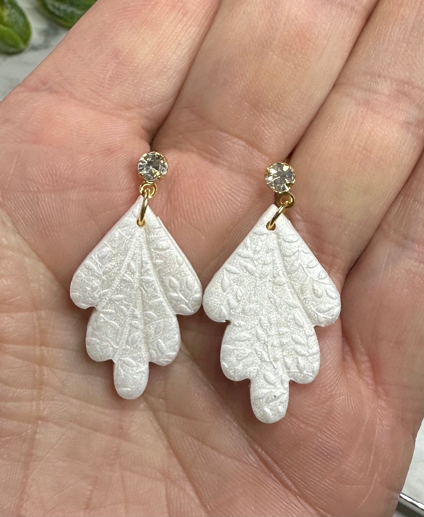 “Lily of the Valley” White Polymer Clay Gold Plated Cubic Zirconia Dangle Post Earrings