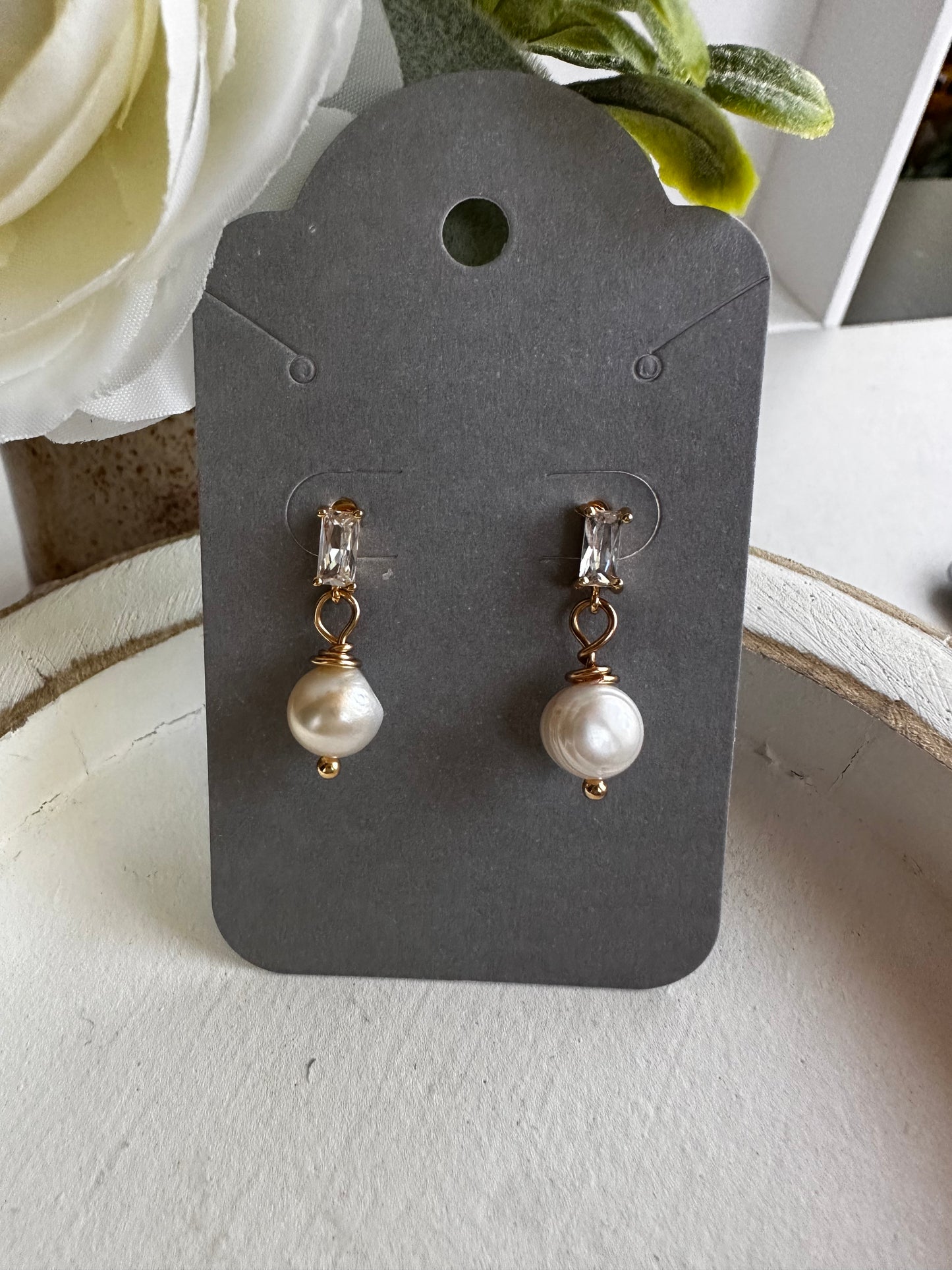 "Lorraine” 53 Fresh Water Pearl Drop Rhinestone Silver Plated Post Earrings