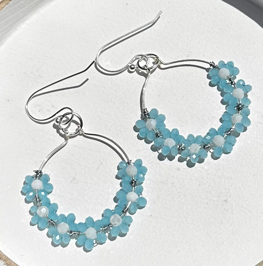 “Georgia” Handmade Silver Plated Sky Blue Dainty Daisy Dangle Earrings