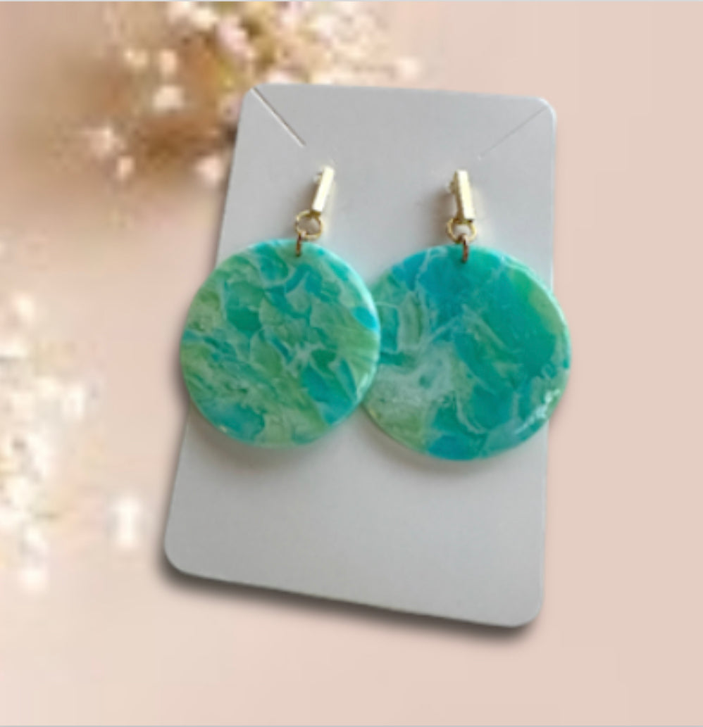 “Tropical Breeze” Handmade Polymer Clay Round Gold Plated Stud Dangle Earrings