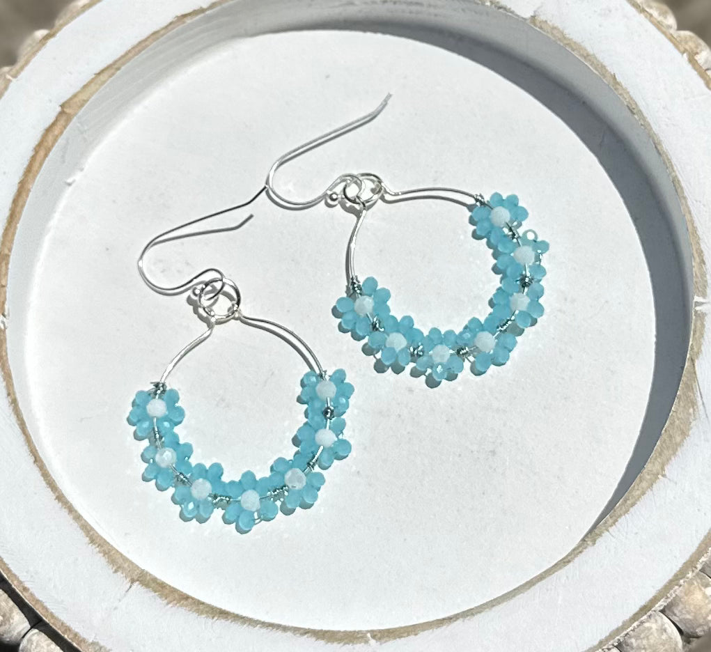 “Georgia” Handmade Silver Plated Sky Blue Dainty Daisy Dangle Earrings